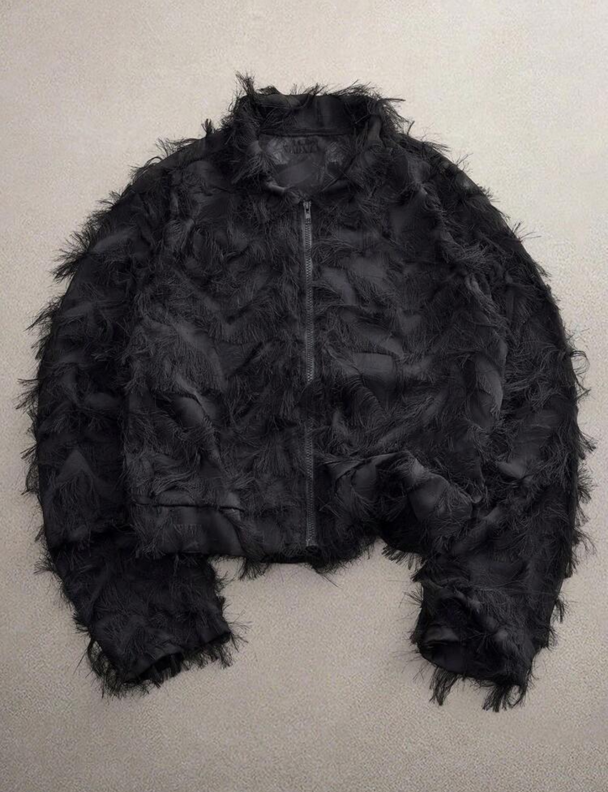 Avant-Garde Tactical Shredded Black Fringe Tassel Zip-Up Jacket Featuring Heavy Textural Distressing and a Solid Canvas Base Layer