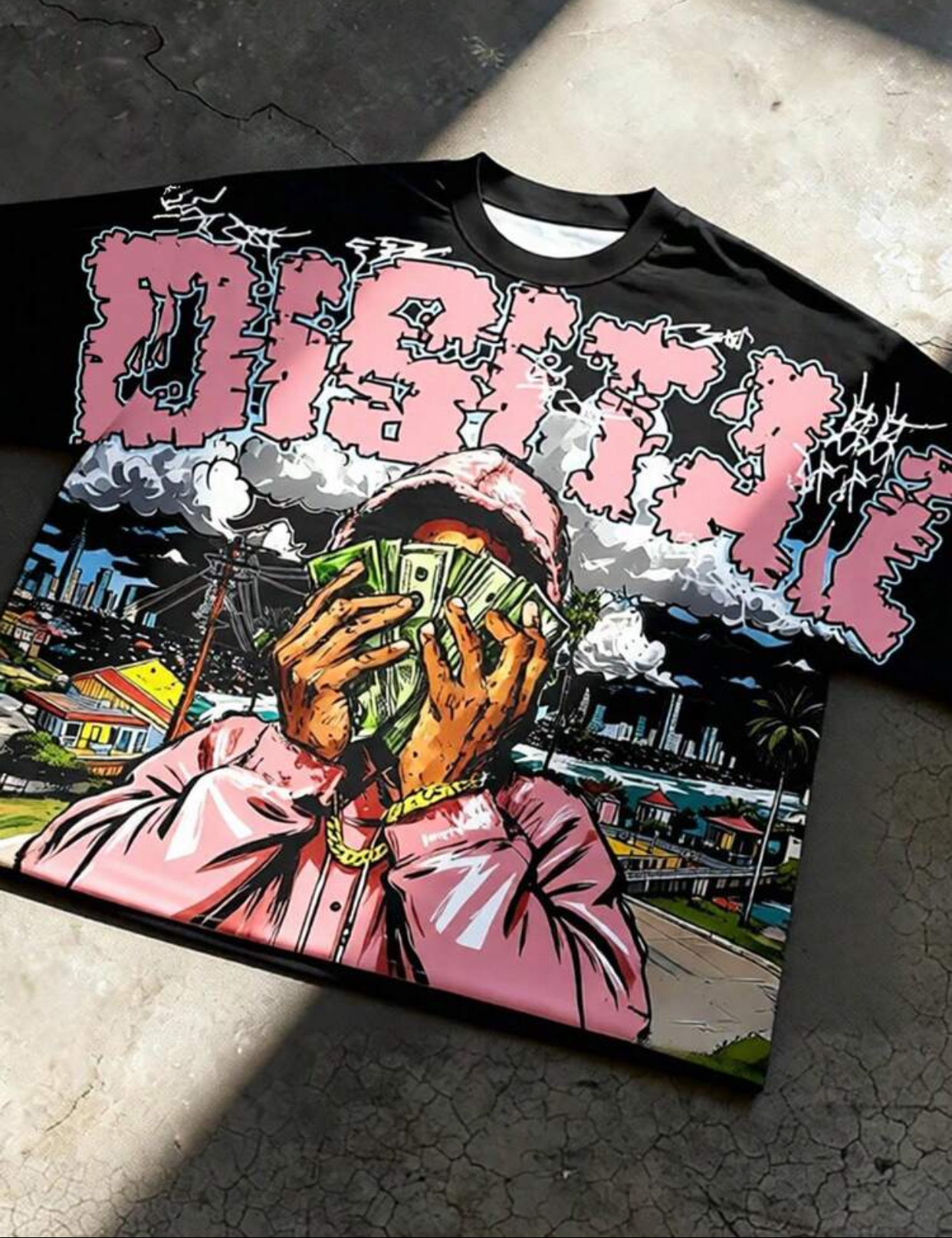 Oversized White Graphic Streetwear T-Shirt Featuring Distressed Bright Green "FREEDOM" Block Letter Typography and a Detailed Illustration of the Statue of Liberty Holding a Fan of US Dollar Bills Against a Flying Money Cityscape Backdrop 2