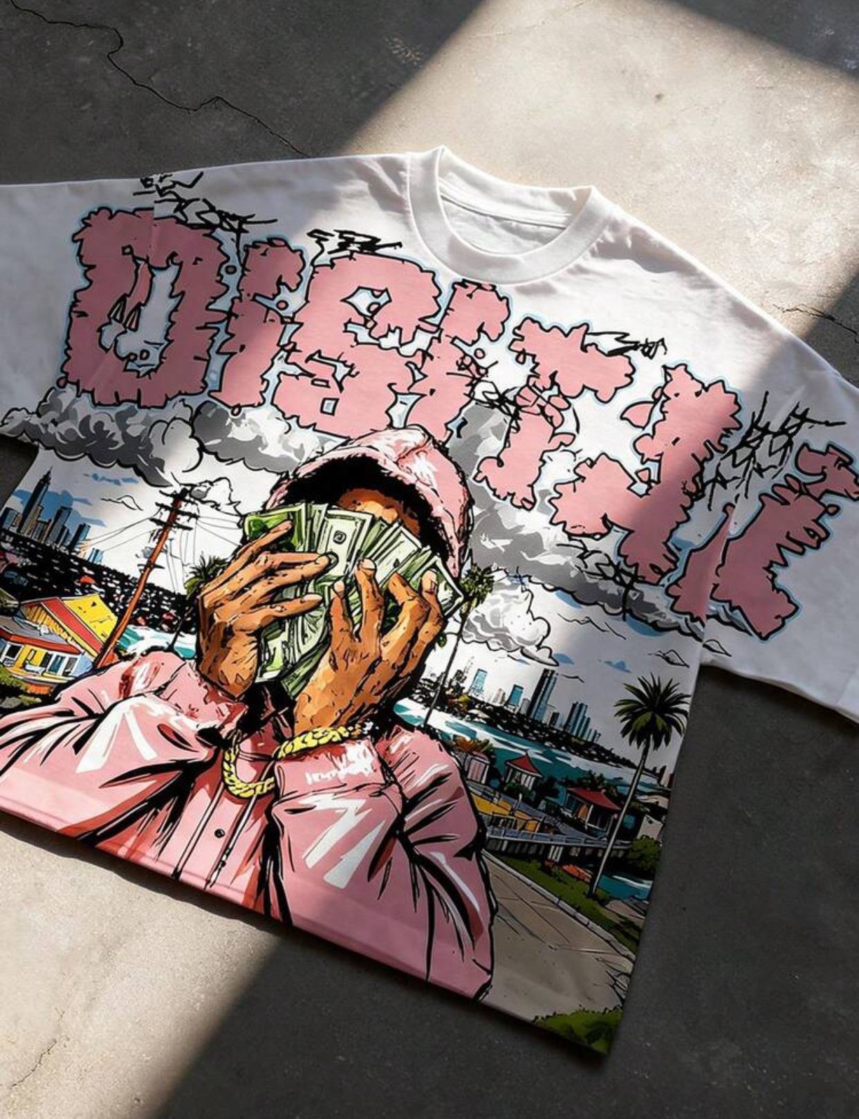 Oversized White Graphic Streetwear T-Shirt Featuring Distressed Bright Green "FREEDOM" Block Letter Typography and a Detailed Illustration of the Statue of Liberty Holding a Fan of US Dollar Bills Against a Flying Money Cityscape Backdrop 3
