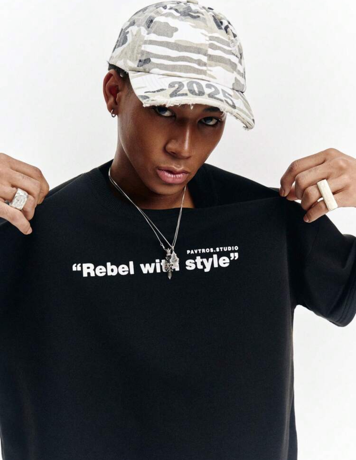 Minimalist Heavyweight Matte Black Crewneck Streetwear T-Shirt Embellished with Clean Stark White "Rebel with style" Slogan Text Graphic and Subtle Upper PAVTROS.STUDIO Branding