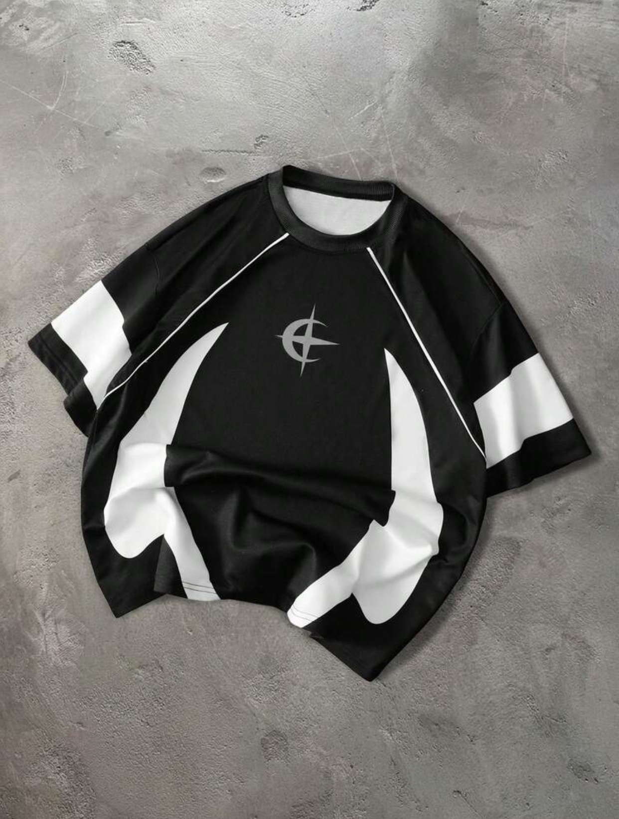 Futuristic Y2K Cyberspace Jet Black Oversized T-Shirt Featuring Abstract Bold White Horn-Shaped Side Panels, Fine Raglan Piping, and a Centered Silver Star-and-Crescent Cybernetic Emblem