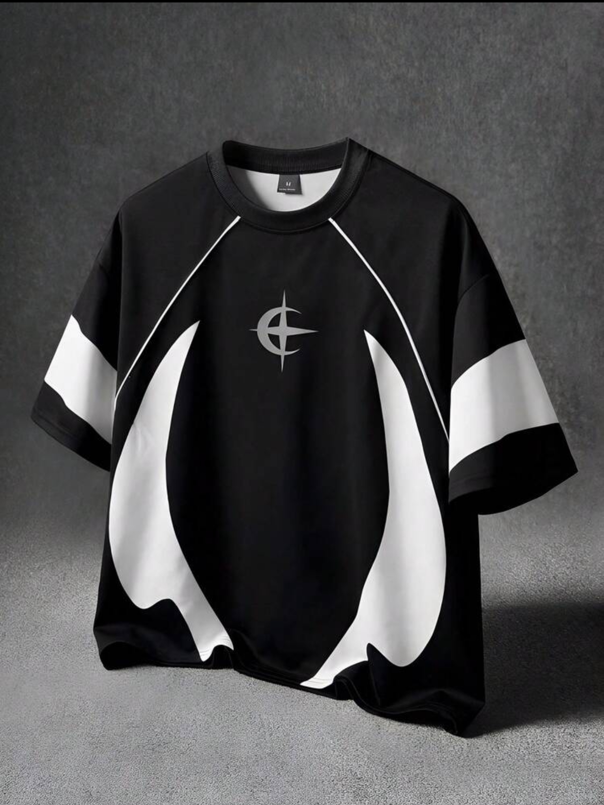 Futuristic Y2K Cyberspace Jet Black Oversized T-Shirt Featuring Abstract Bold White Horn-Shaped Side Panels, Fine Raglan Piping, and a Centered Silver Star-and-Crescent Cybernetic Emblem 3