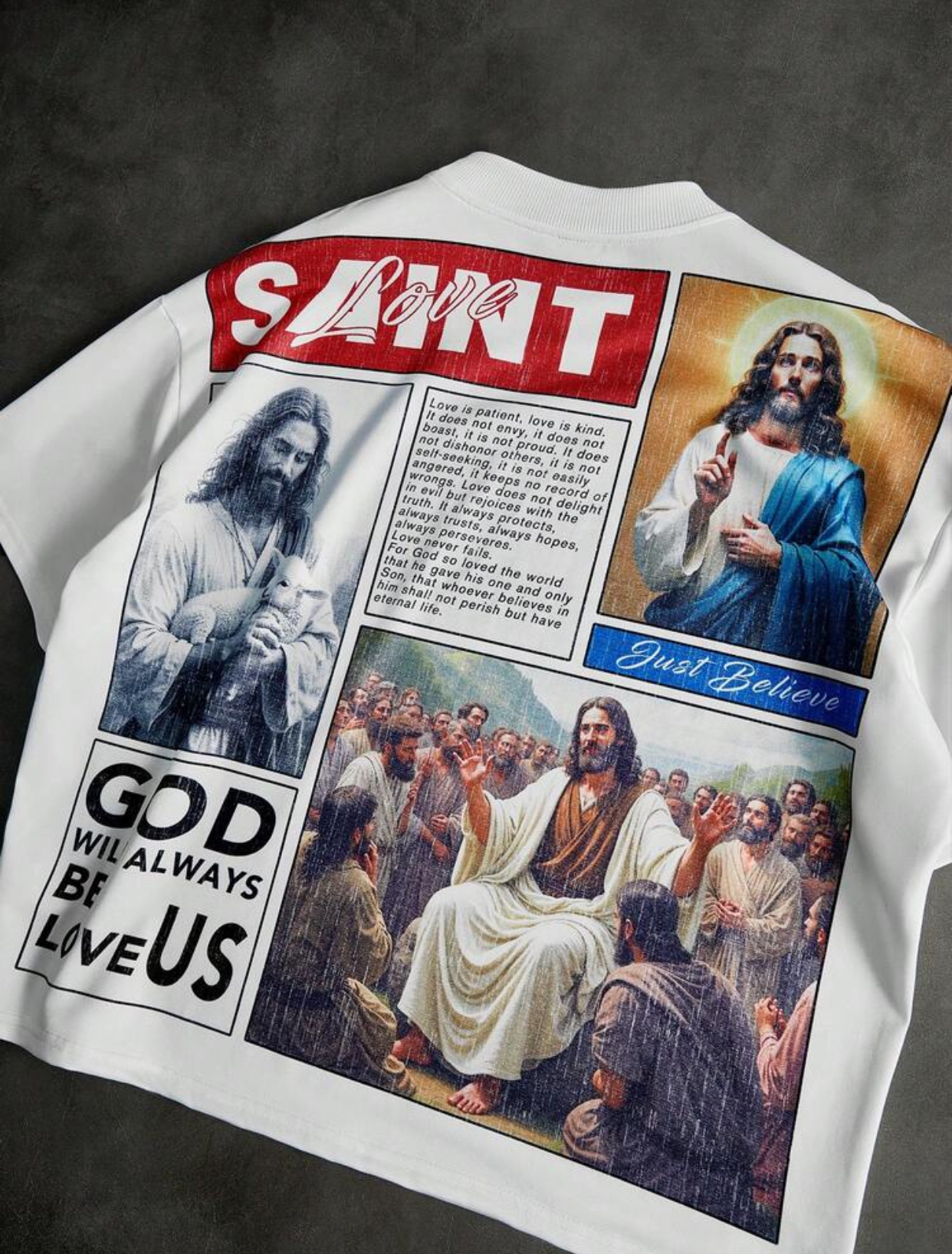 Urban Streetwear White Boxy T-Shirt Featuring a Distressed Red Rectangular Box Graphic with Stenciled Bold "SAINT" Lettering Overlaid by Cursive "Love" Typography 2