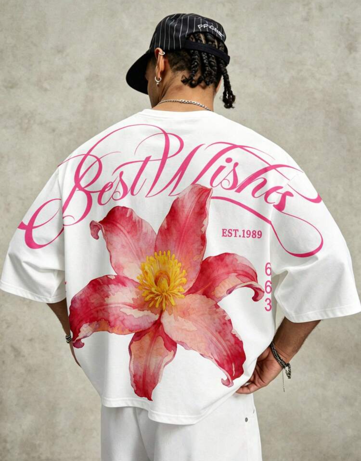 Minimalist Boxy Cropped Off-White Streetwear T-Shirt Embellished with a Vibrant Pink Lily Graphic and Layered "FLOWER" Sans-Serif Chest Typography 2