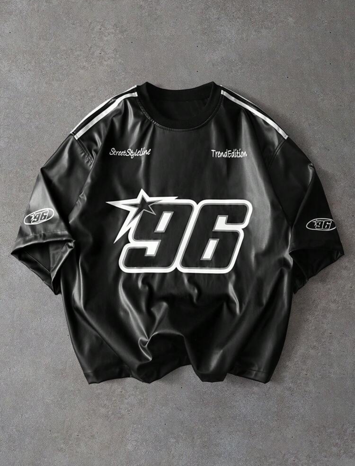 Retro-Futuristic Heavyweight Black Faux-Leather Boxy Oversized Racing Jersey T-Shirt Featuring a Large Centered White-Outlined "96" Star Graphic and "StreetStyleline" Script Branding