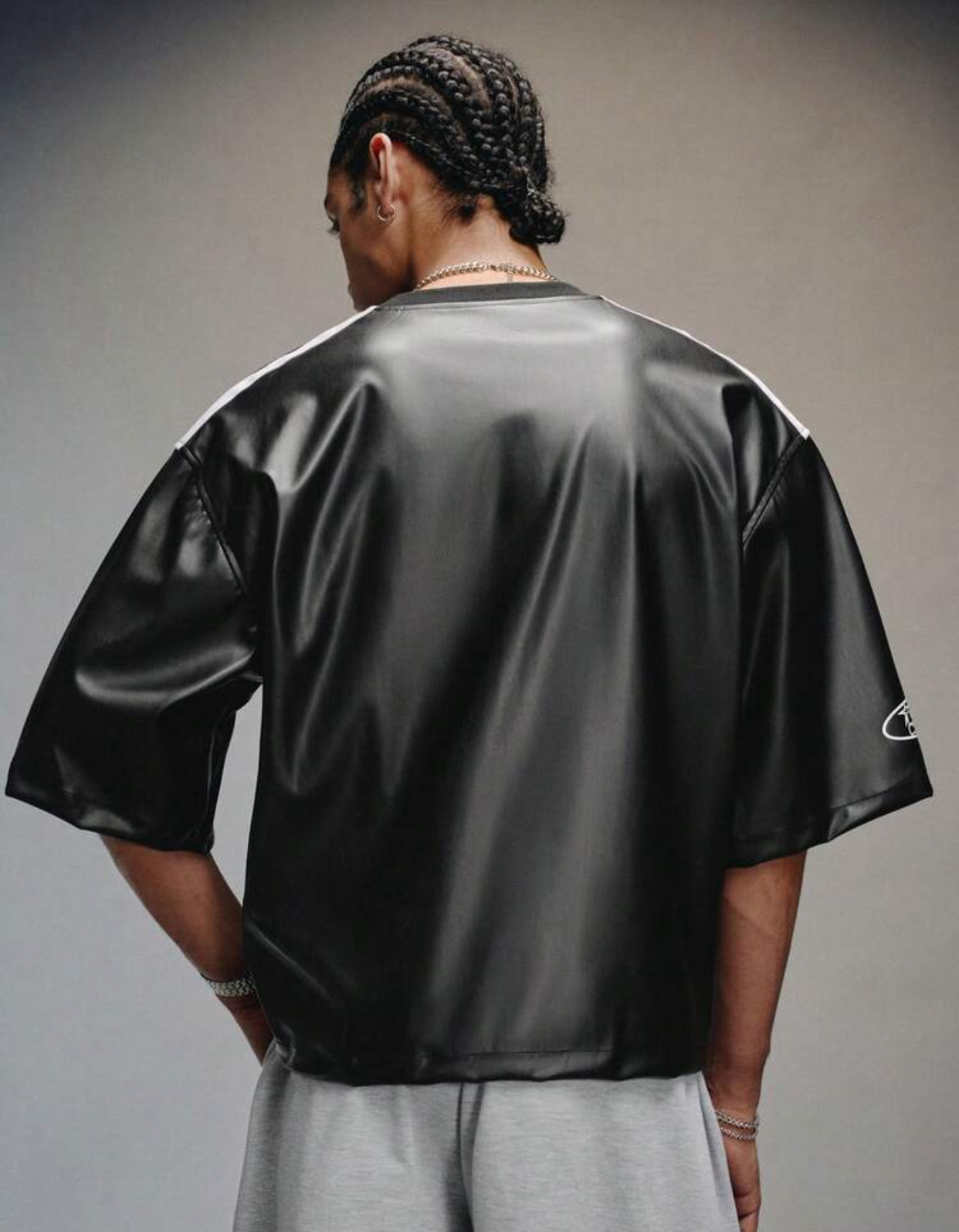 Retro-Futuristic Heavyweight Black Faux-Leather Boxy Oversized Racing Jersey T-Shirt Featuring a Large Centered White-Outlined "96" Star Graphic and "StreetStyleline" Script Branding 2
