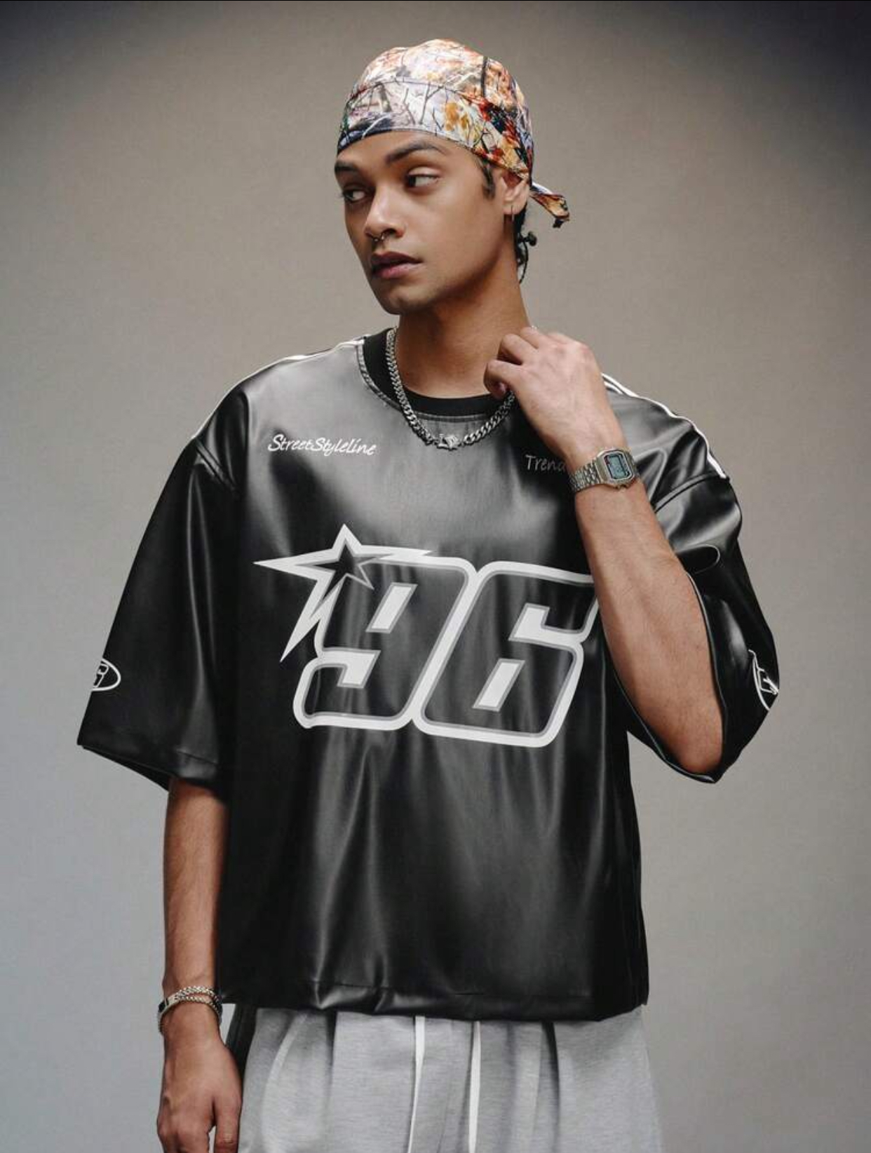 Retro-Futuristic Heavyweight Black Faux-Leather Boxy Oversized Racing Jersey T-Shirt Featuring a Large Centered White-Outlined "96" Star Graphic and "StreetStyleline" Script Branding 3