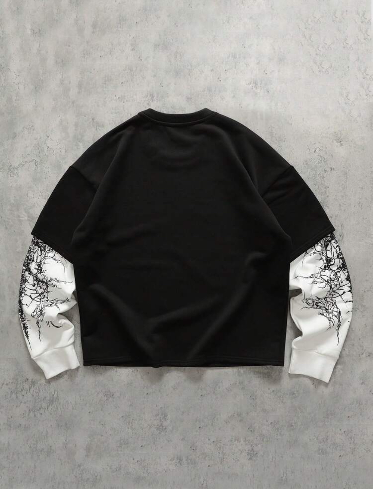 Gothic Grunge Faux-Two-Piece Black Crewneck Sweatshirt Featuring Stark White Contrast Layered Sleeves and a Complex Collage Chest Print of Neo-Tribal Thorns, Ornate Crosses, Abstract Faces, and Script Text 2