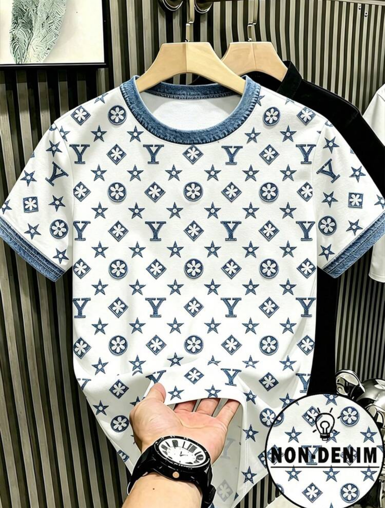 Luxury Streetwear White T-Shirt Featuring an All-Over Indigo Monogram Print of Geometric Florals, Stars, and Stylized "Y" Lettering Completed with Indigo Denim Ribbed Knit Collar and Cuff Trims 3