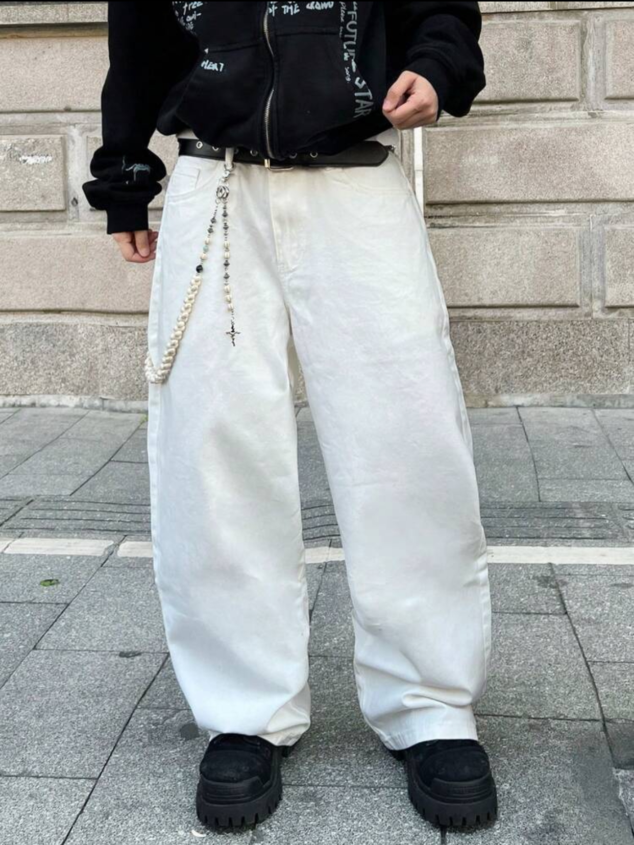 Y2K Gothic-Revival Baggy Off-White Denim Trousers Detailed with Large Back-Pocket Black Rhinestone Fallen Angel Wing Graphics and a Studded Leather Belt