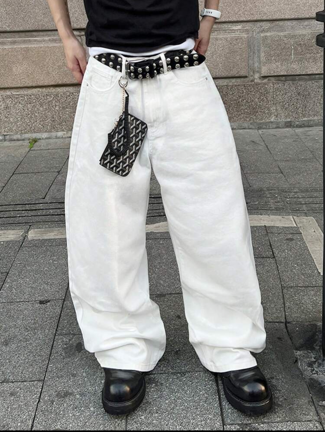 Y2K Harajuku-Inspired Ultra-Baggy Stark White Denim Jeans Featuring Intricate Baroque Silver-White Filigree Pocket Embroidery and a Double-Row Studded Leather Belt