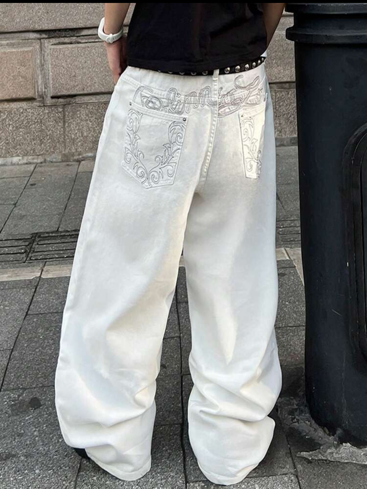 Y2K Harajuku-Inspired Ultra-Baggy Stark White Denim Jeans Featuring Intricate Baroque Silver-White Filigree Pocket Embroidery and a Double-Row Studded Leather Belt 3