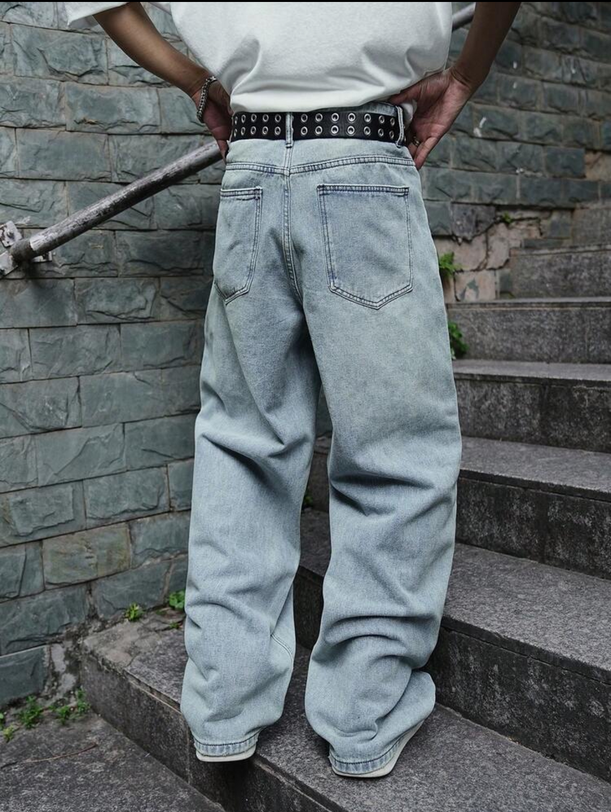 Classic Y2K Skater-Style Light Wash Bleached Ultra-Baggy Denim Jeans Featuring a Wide-Leg Puddle Fit and an 8-Ball Keychain Charm Accessory 2