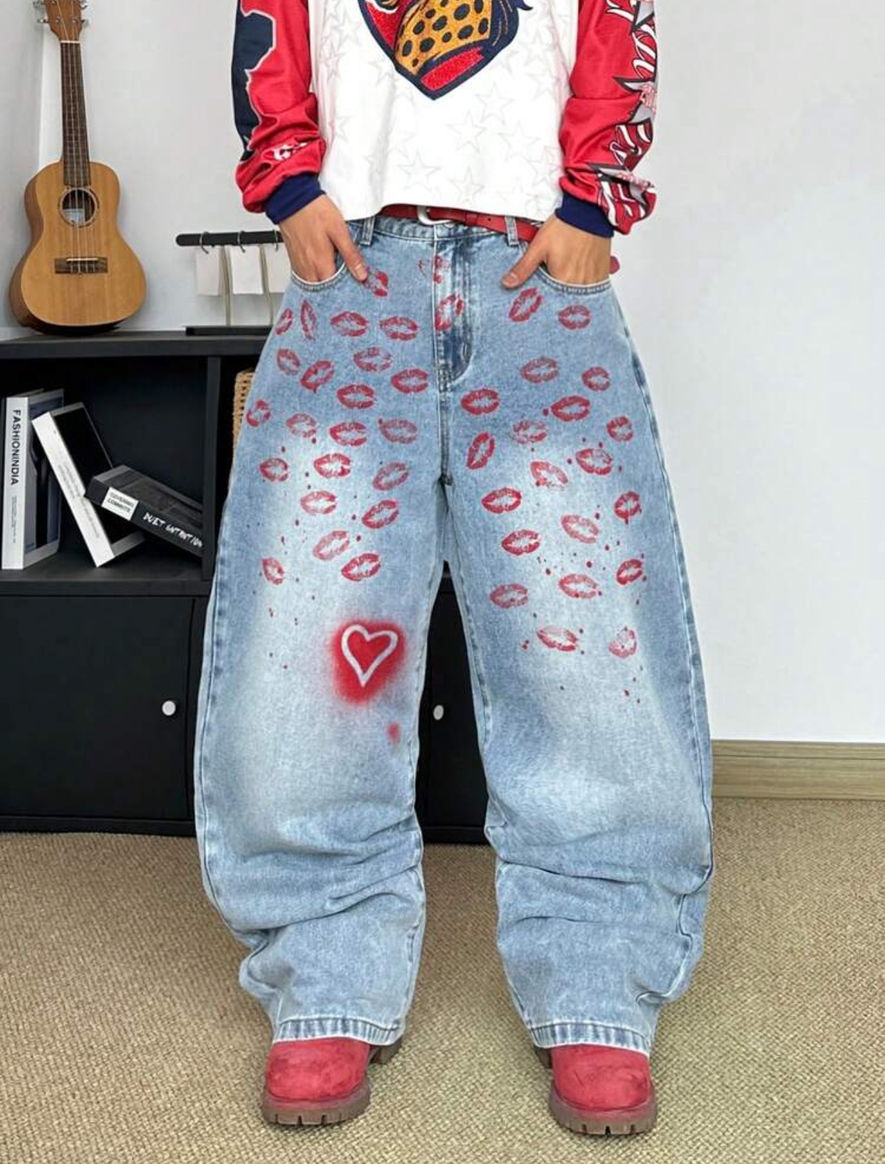 Playful Y2K-Core Bleached Blue Baggy Jeans Featuring an All-Over Red Lipstick Kiss Mark Graphic Print and an Airbrushed Neon Red Left-Knee Heart Motif