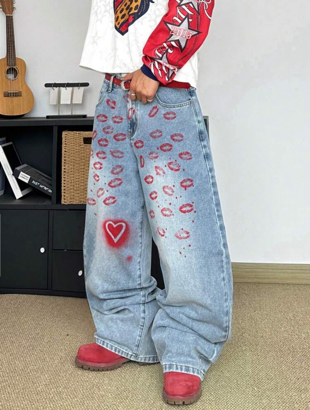 Playful Y2K-Core Bleached Blue Baggy Jeans Featuring an All-Over Red Lipstick Kiss Mark Graphic Print and an Airbrushed Neon Red Left-Knee Heart Motif 3