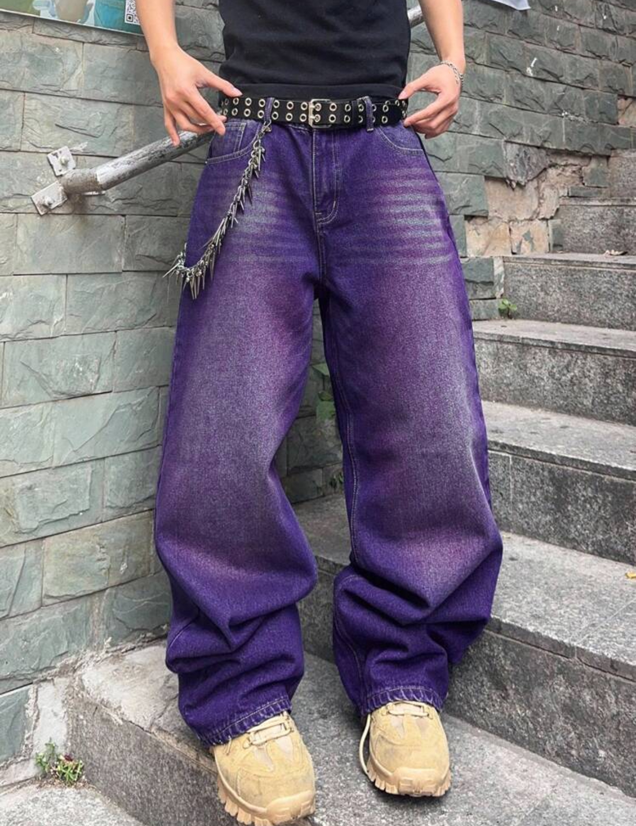Cyber-Grunge Deep Purple Acid-Washed Wide-Leg Denim Skater Jeans Detailed with Heavy Horizontal Sandblasting Whiskers and a Metal Multi-Link Wallet Chain