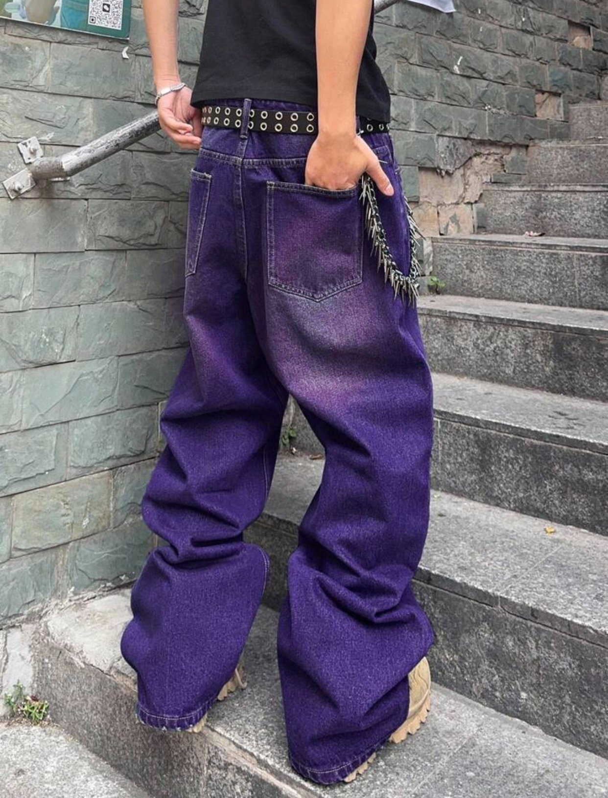 Cyber-Grunge Deep Purple Acid-Washed Wide-Leg Denim Skater Jeans Detailed with Heavy Horizontal Sandblasting Whiskers and a Metal Multi-Link Wallet Chain 2