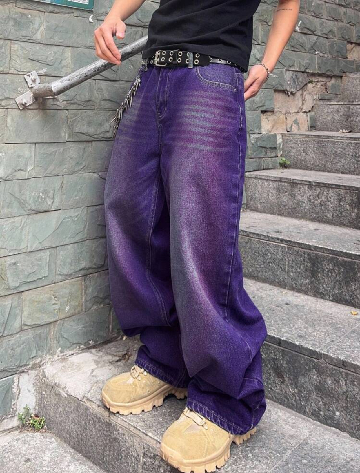 Cyber-Grunge Deep Purple Acid-Washed Wide-Leg Denim Skater Jeans Detailed with Heavy Horizontal Sandblasting Whiskers and a Metal Multi-Link Wallet Chain 3