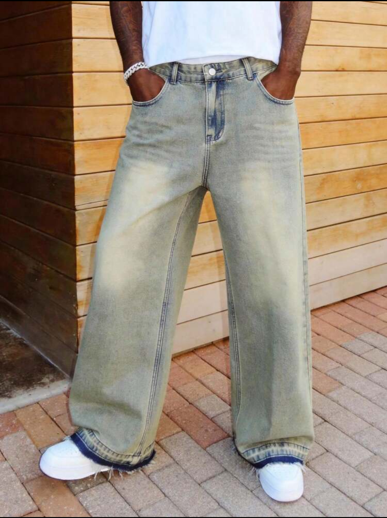 90s Vintage Aesthetic Sandy Yellow Tinted Acid-Wash Baggy Jeans Featuring an Over-Dyed Finish and an Raw Frayed Released-Hem Stitch Line 2