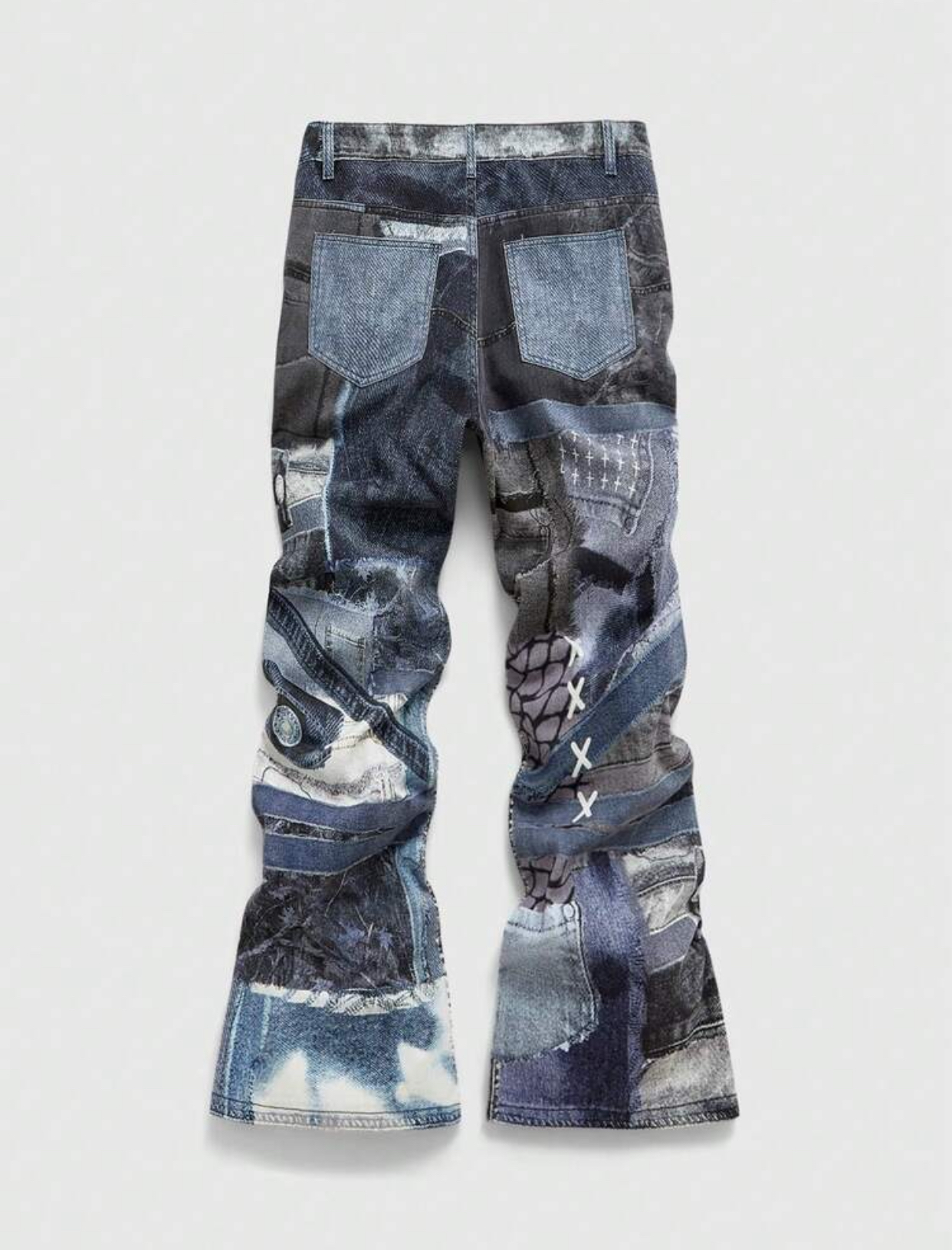 Y2K Gothic-Grunge Multi-Texture Trompe-L'œil Patchwork Baggy Jeans Featuring a Distressed Black Cross Graphic, Varsity Number 98 Applique, and Cross-Stitch Details 3