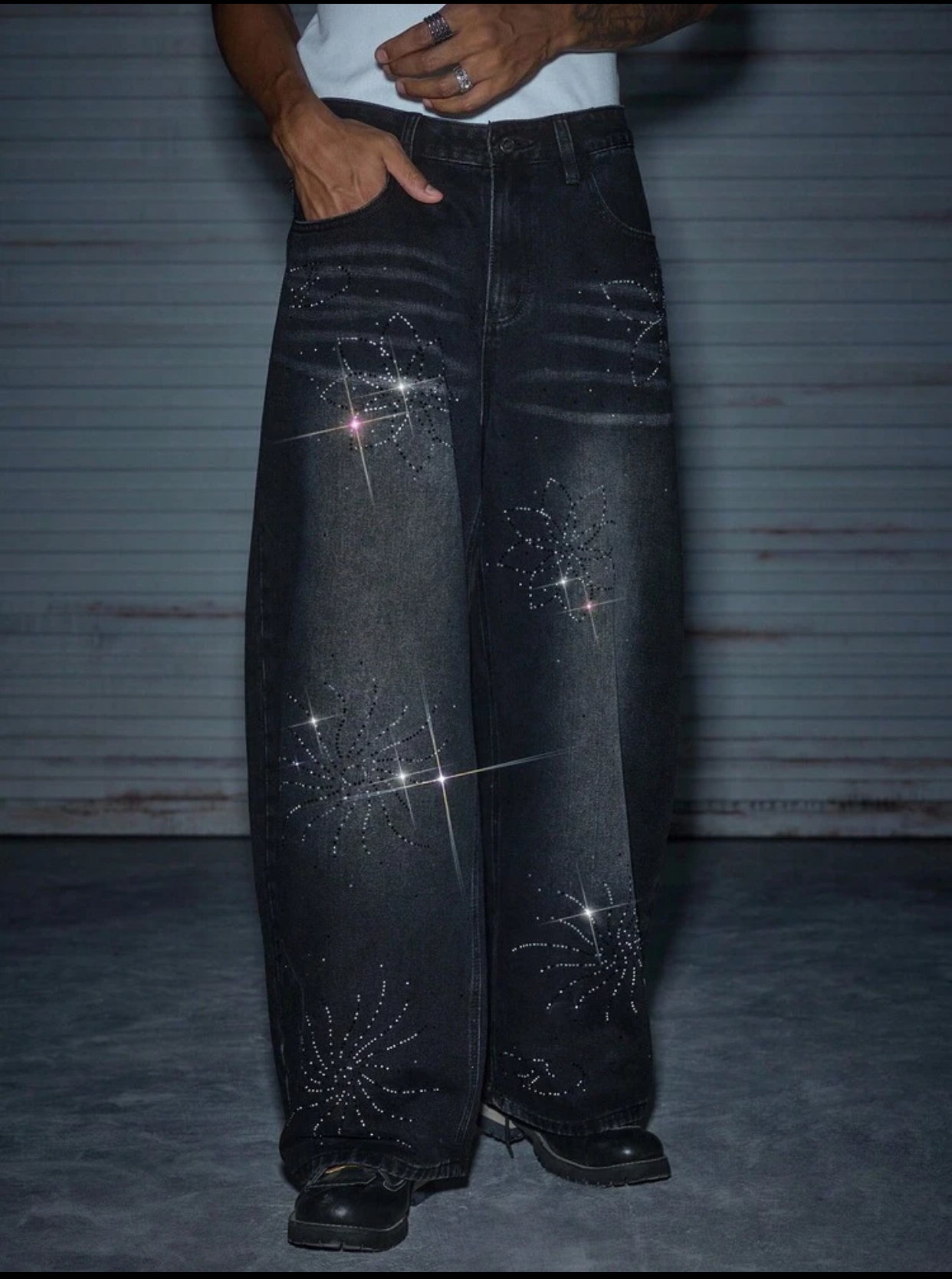 Luxury Y2K-Core Washed Black Ultra-Baggy Denim Trousers Detailed with Multi-Positional Shimmering Rhinestone Starburst Floral Graphics