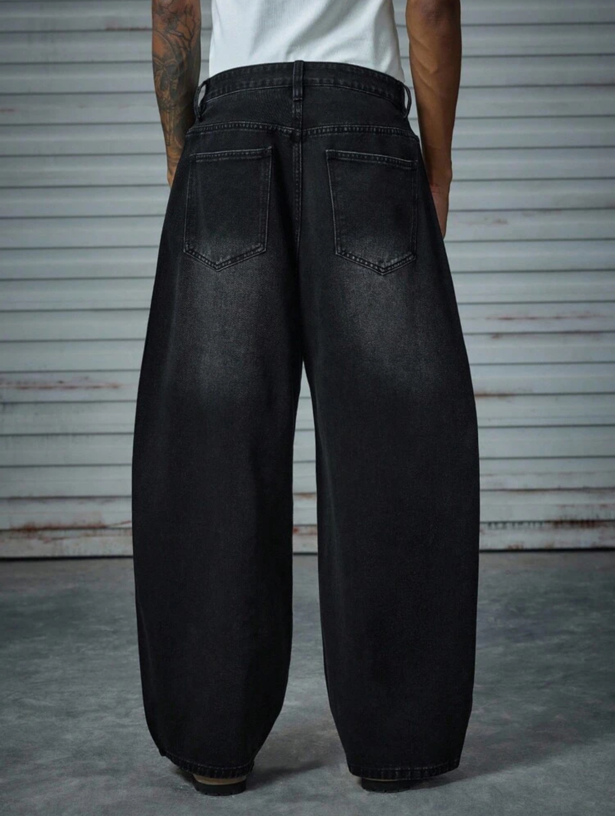 Luxury Y2K-Core Washed Black Ultra-Baggy Denim Trousers Detailed with Multi-Positional Shimmering Rhinestone Starburst Floral Graphics 2