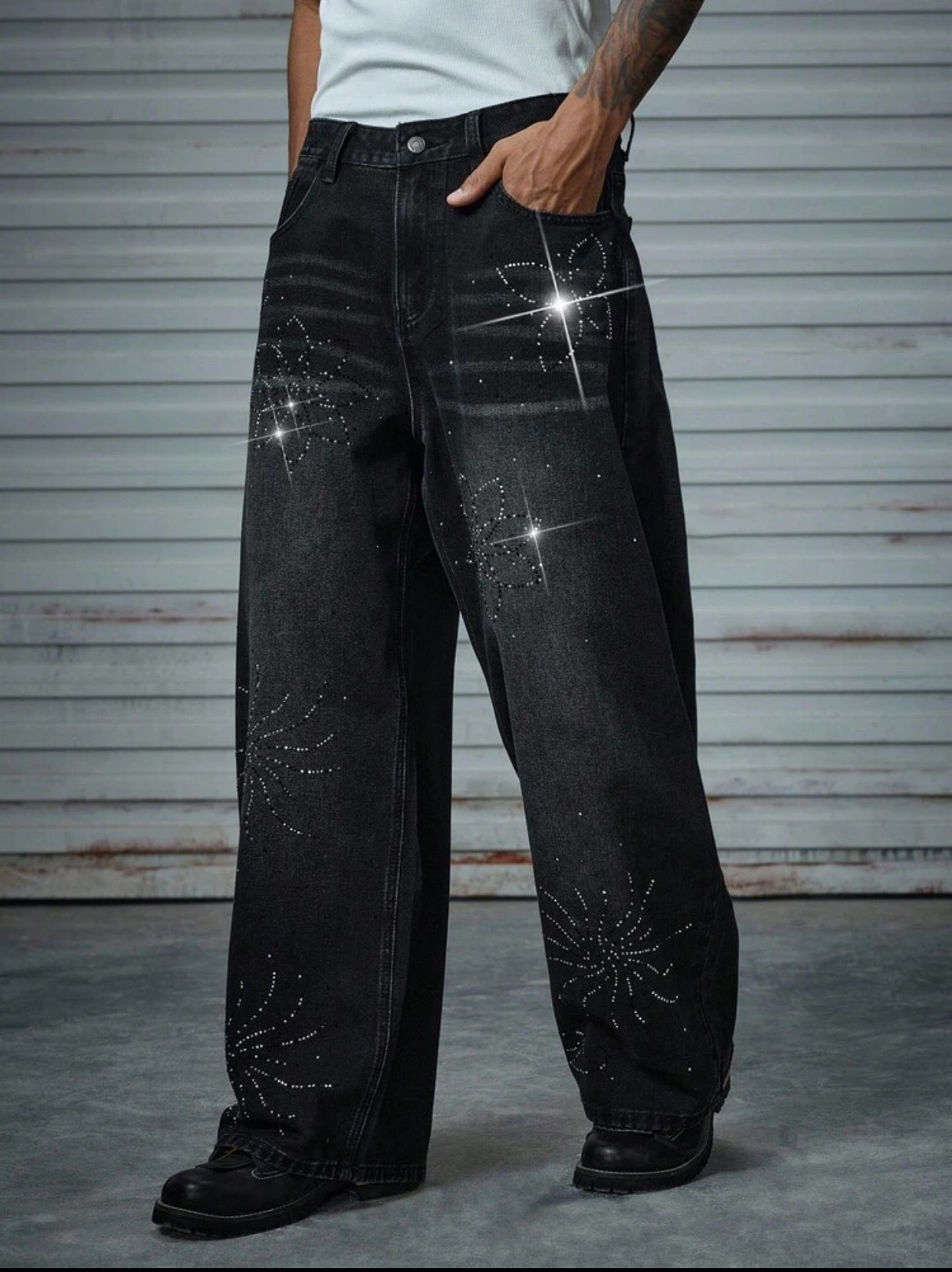 Luxury Y2K-Core Washed Black Ultra-Baggy Denim Trousers Detailed with Multi-Positional Shimmering Rhinestone Starburst Floral Graphics 3