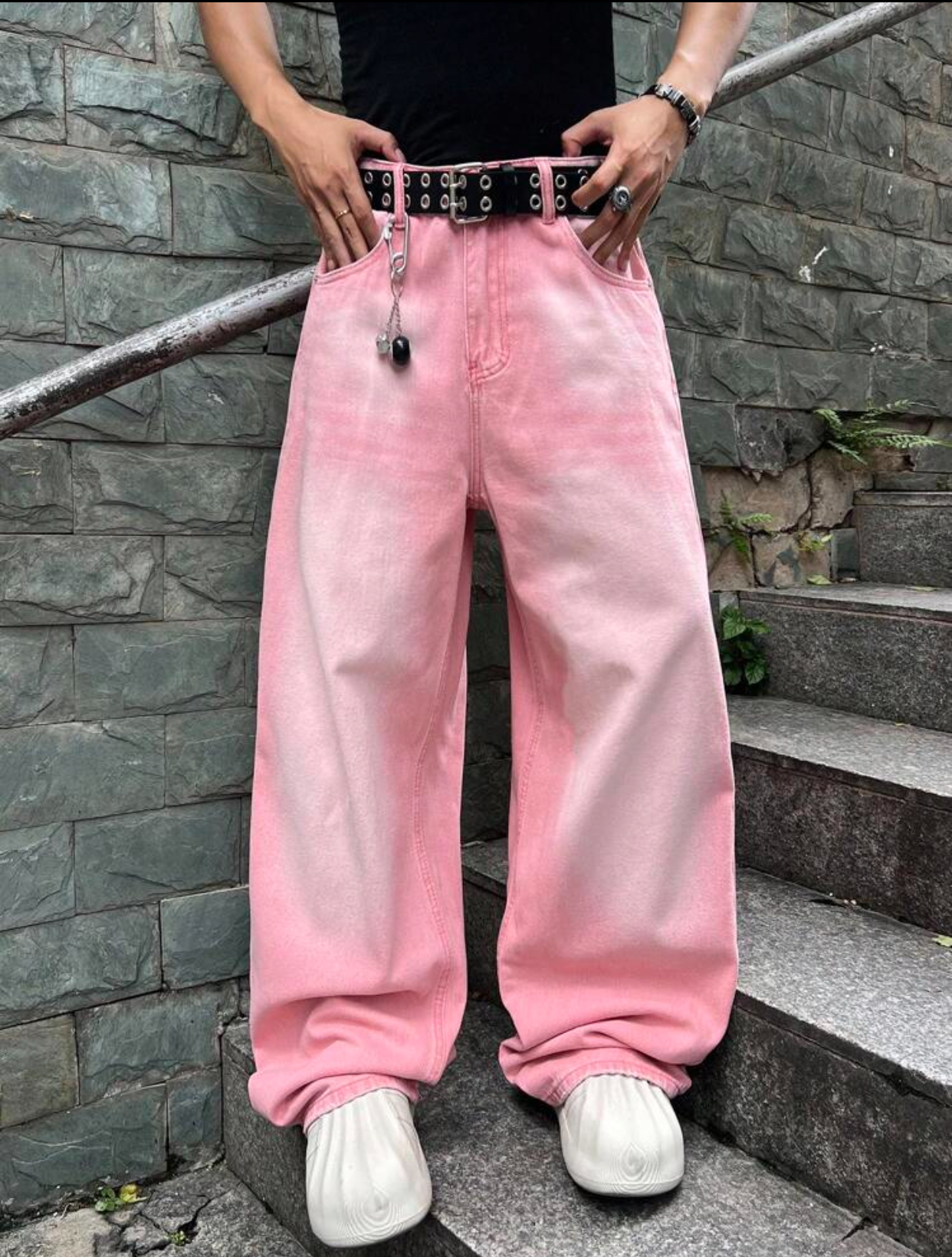 Y2K Harajuku Bubblegum Pink Acid-Washed Wide-Leg Denim Skater Jeans Featuring Heavy Off-White Center-Thigh Sandblasting and an 8-Ball Charm Keychain Accent