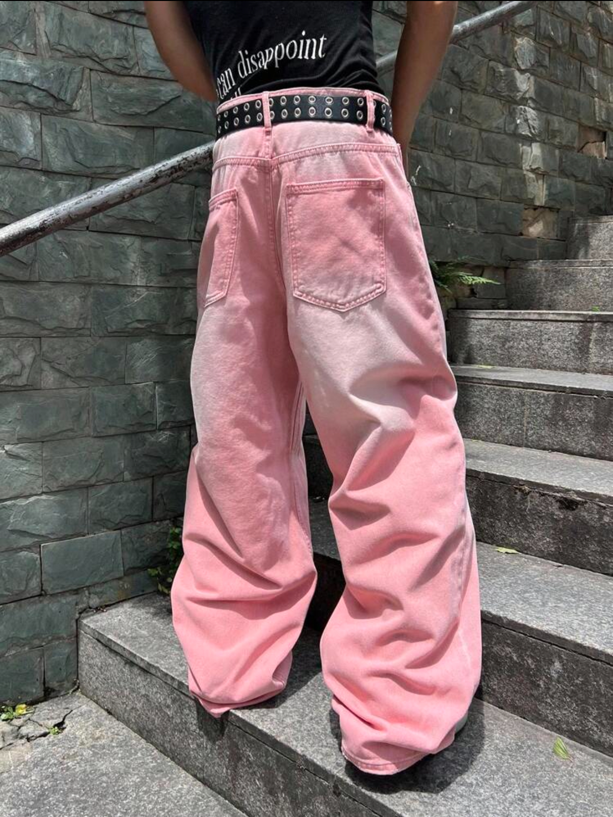 Y2K Harajuku Bubblegum Pink Acid-Washed Wide-Leg Denim Skater Jeans Featuring Heavy Off-White Center-Thigh Sandblasting and an 8-Ball Charm Keychain Accent 2