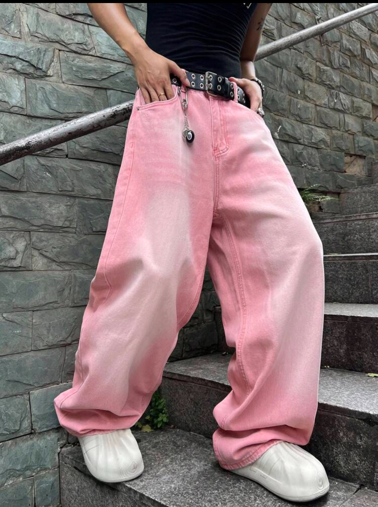 Y2K Harajuku Bubblegum Pink Acid-Washed Wide-Leg Denim Skater Jeans Featuring Heavy Off-White Center-Thigh Sandblasting and an 8-Ball Charm Keychain Accent 3