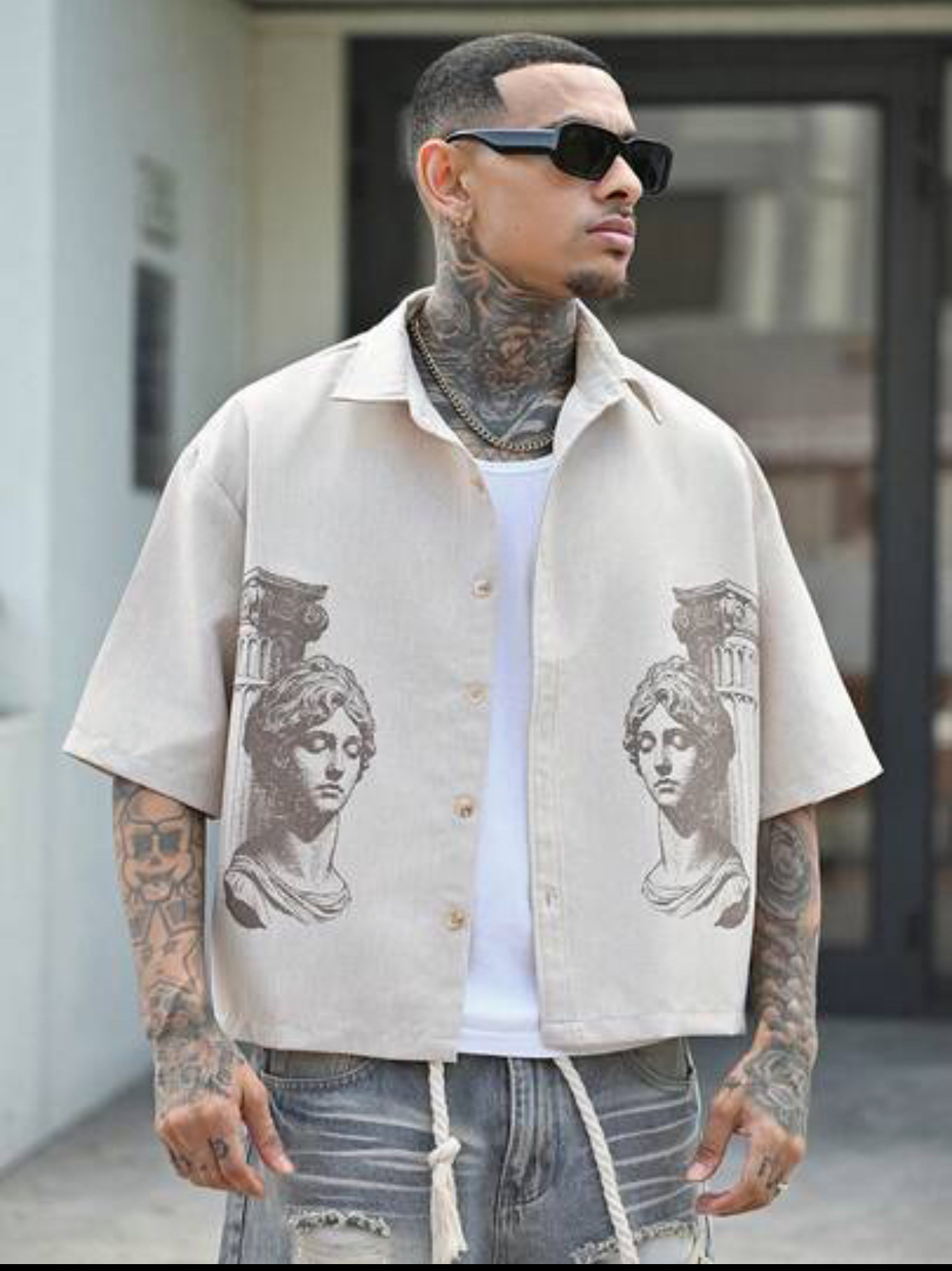Men's Short-Sleeve Classical Greek Bust Print Drop-Shoulder Button-Up Shirt in Oatmeal Beige