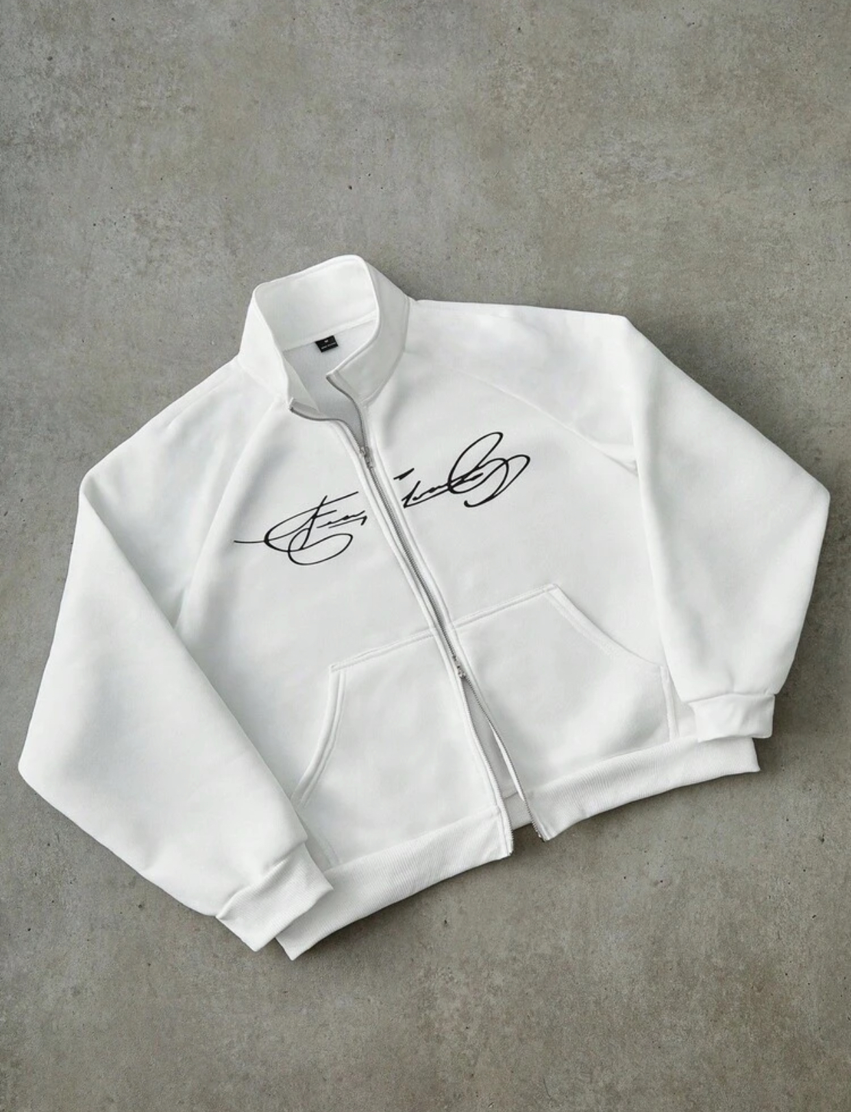 Contemporary Minimalist Off-White Zip-Up Track Jacket with Cursive Signature Graphic