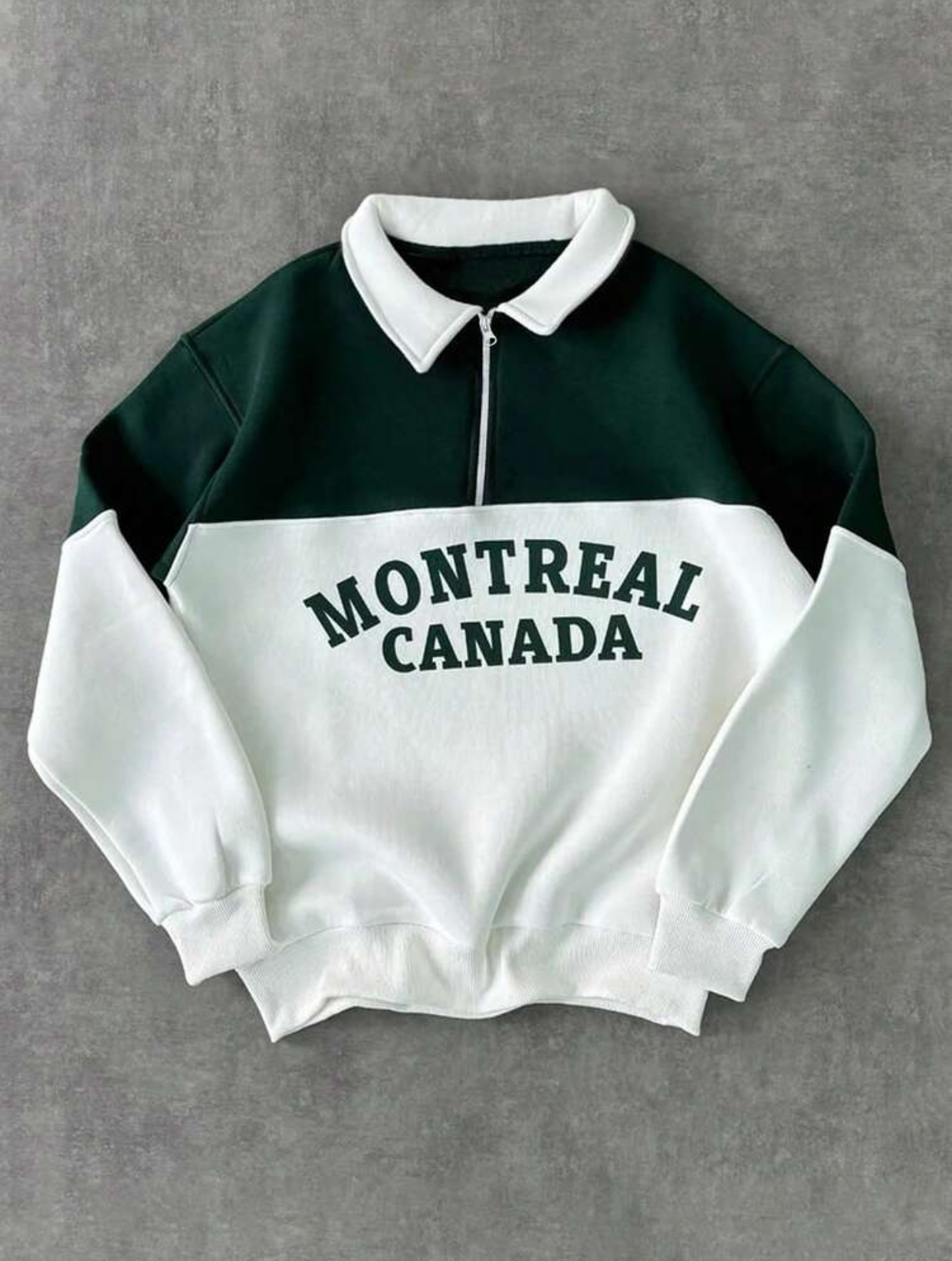 Color-Blocked Forest Green and White Half-Zip "Montreal Canada" Polo Sweatshirt
