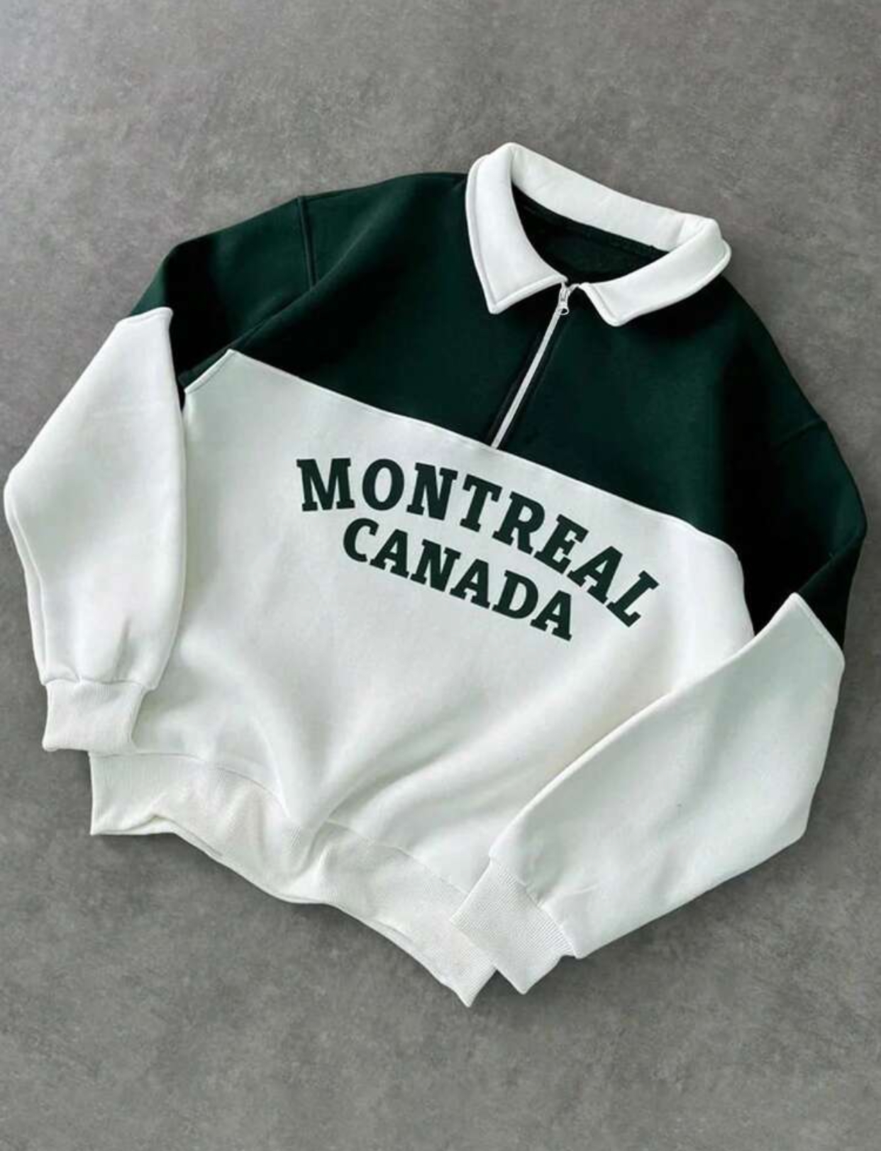 Color-Blocked Forest Green and White Half-Zip "Montreal Canada" Polo Sweatshirt 2