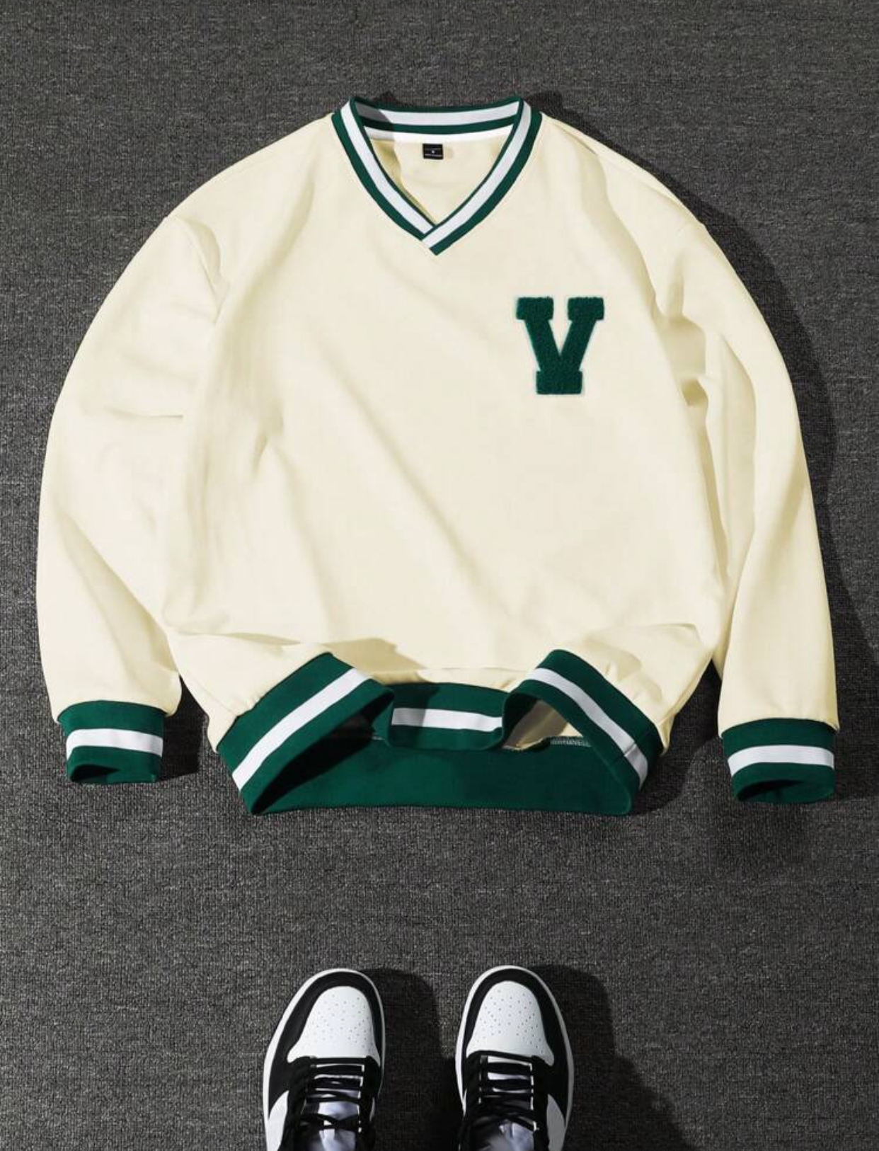Preppy Varsity Style Cream V-Neck Sweatshirt with Green Chenille "V" Letter Patch