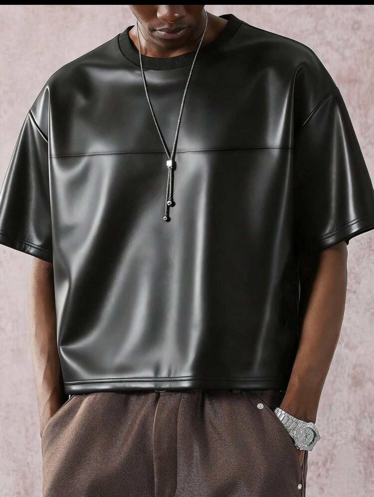 Boxy Oversized Matte Black Faux-Leather Short-Sleeve Tee with Chest Seam Detail