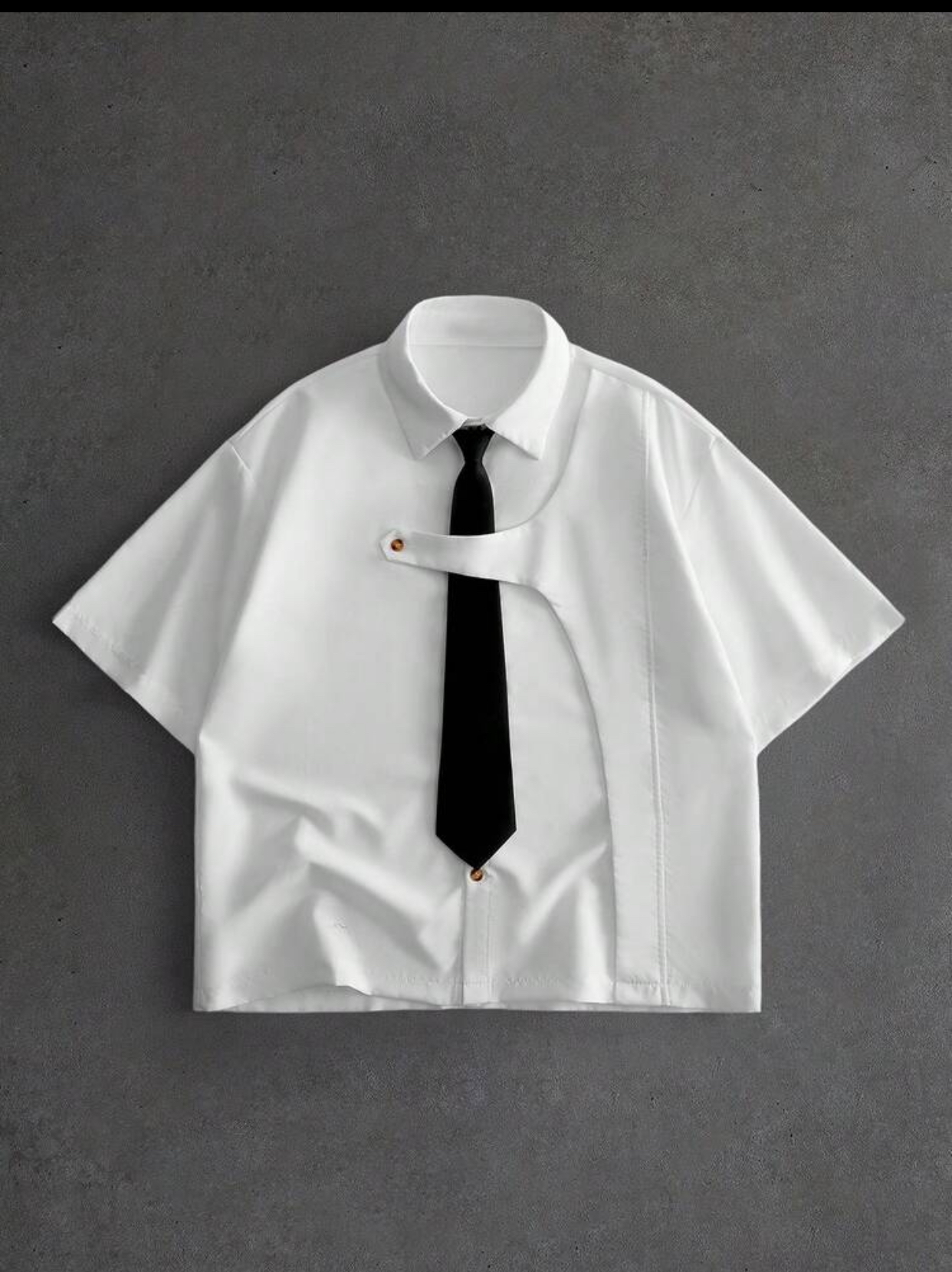 Avant-Garde Short-Sleeve Asymmetric White Button-Up Shirt with Integrated Black Tie
