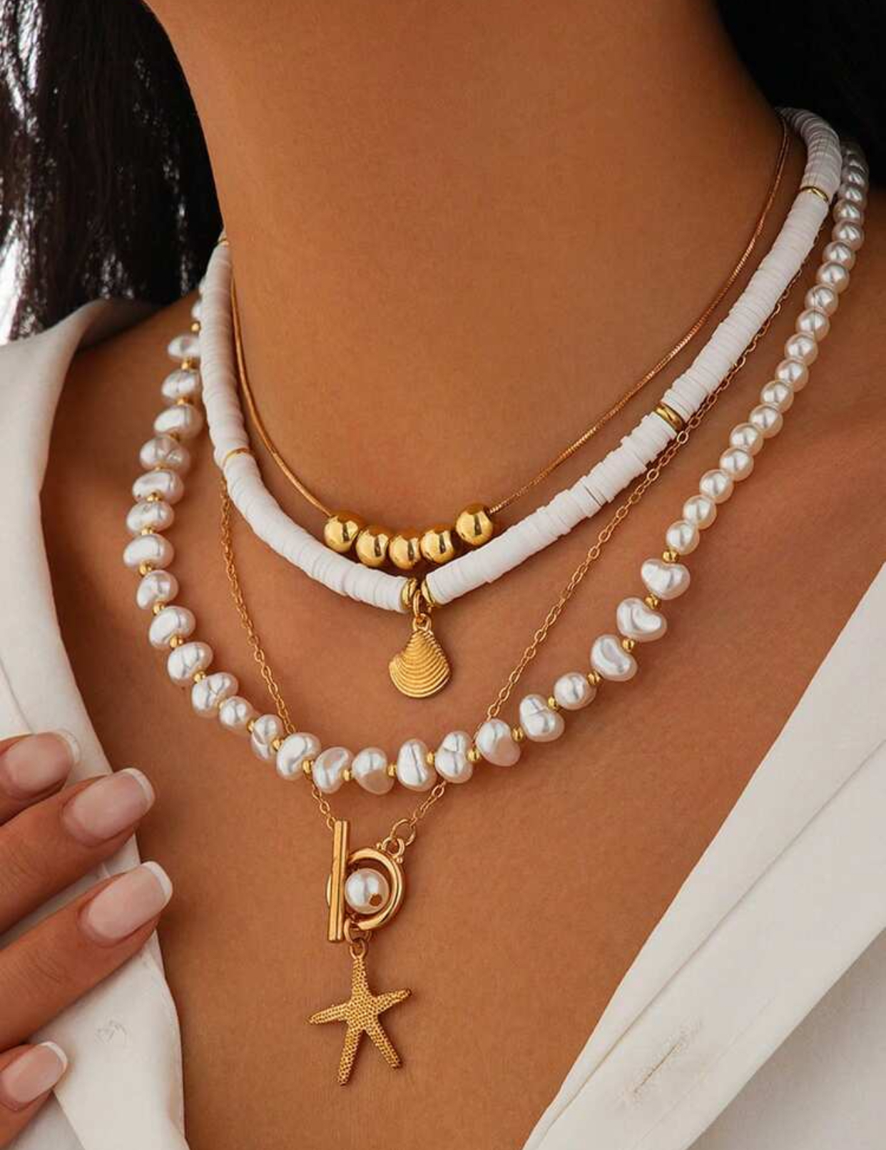 Summer Beach Vacation 4-Piece Layered Baroque Freshwater Pearl, White Clay Heishi Disk, and Gold Starfish Shell Charm Pendant Necklace Set