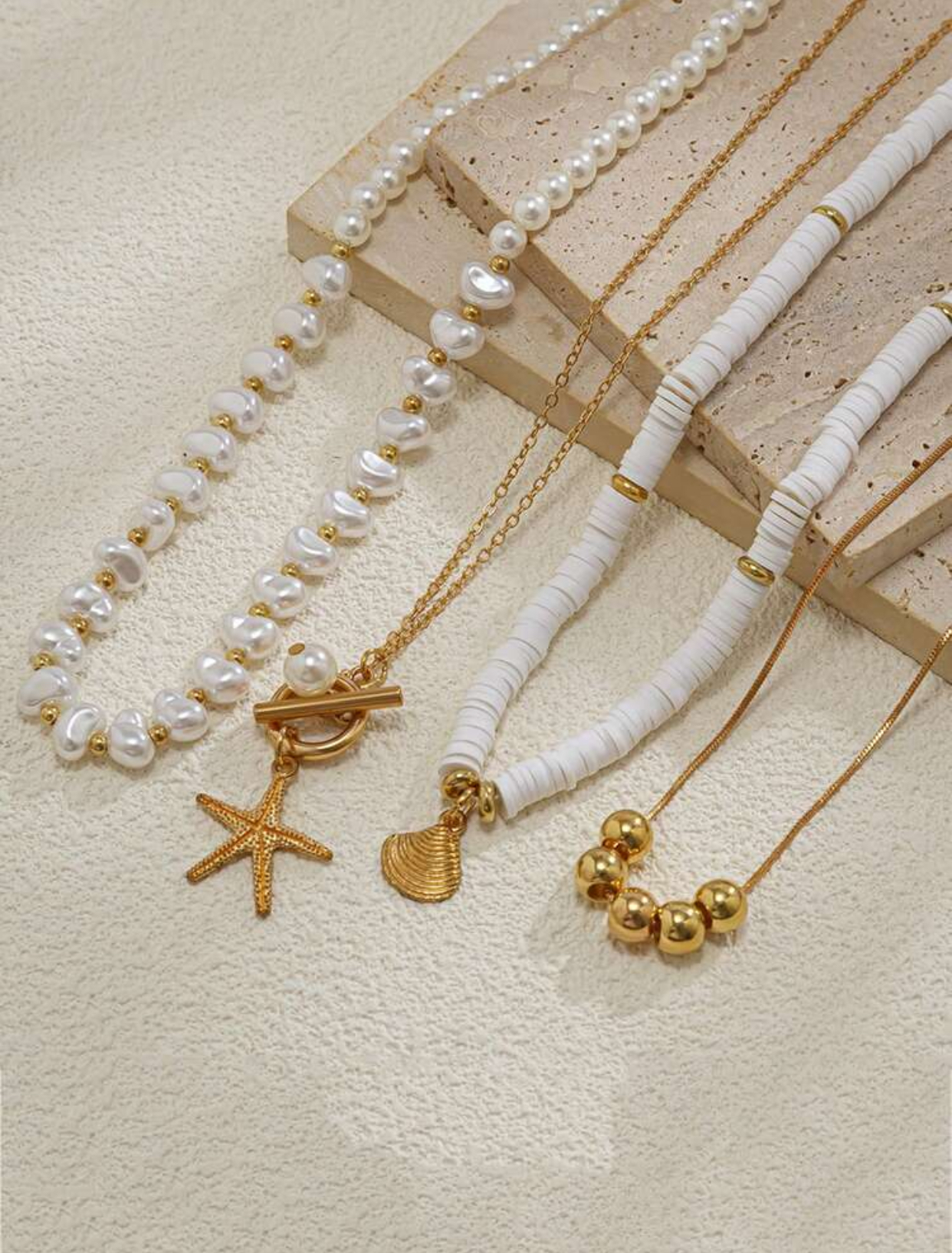 Summer Beach Vacation 4-Piece Layered Baroque Freshwater Pearl, White Clay Heishi Disk, and Gold Starfish Shell Charm Pendant Necklace Set 2