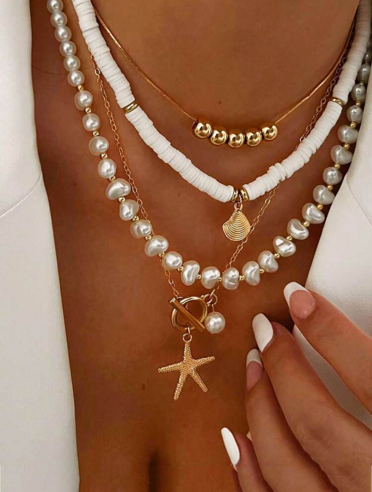 Summer Beach Vacation 4-Piece Layered Baroque Freshwater Pearl, White Clay Heishi Disk, and Gold Starfish Shell Charm Pendant Necklace Set 3