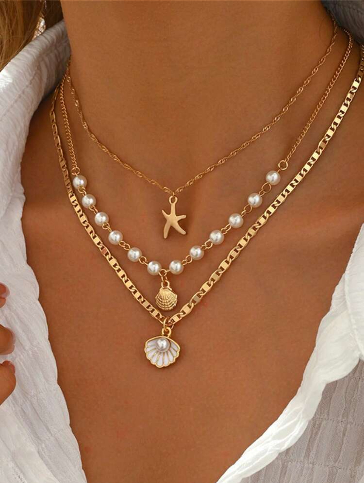 Mediterranean Ocean Cruise Multi-Tiered Triple-Layer Gold-Tone Twisted Rope, Faux Pearl Station, and Enameled Scallop Seashell Pendant Necklace
