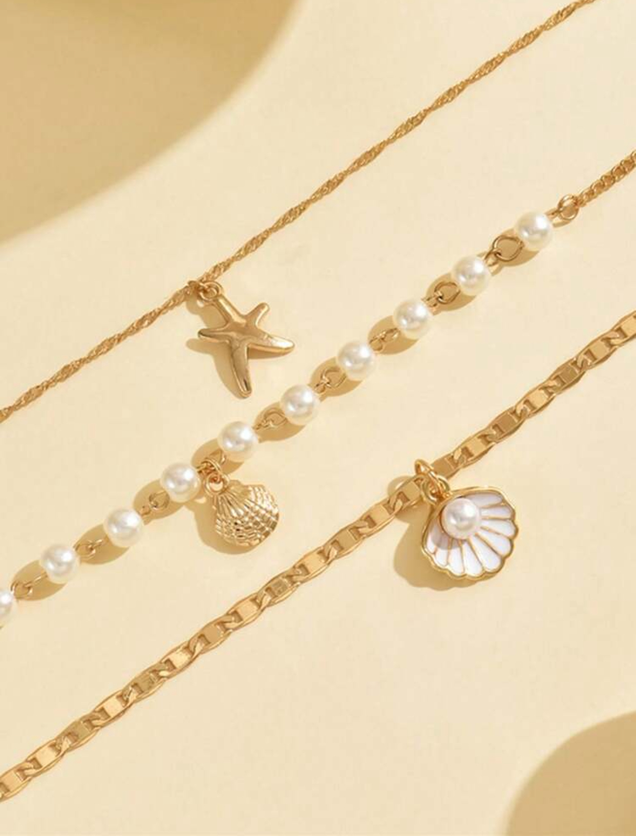 Mediterranean Ocean Cruise Multi-Tiered Triple-Layer Gold-Tone Twisted Rope, Faux Pearl Station, and Enameled Scallop Seashell Pendant Necklace 2
