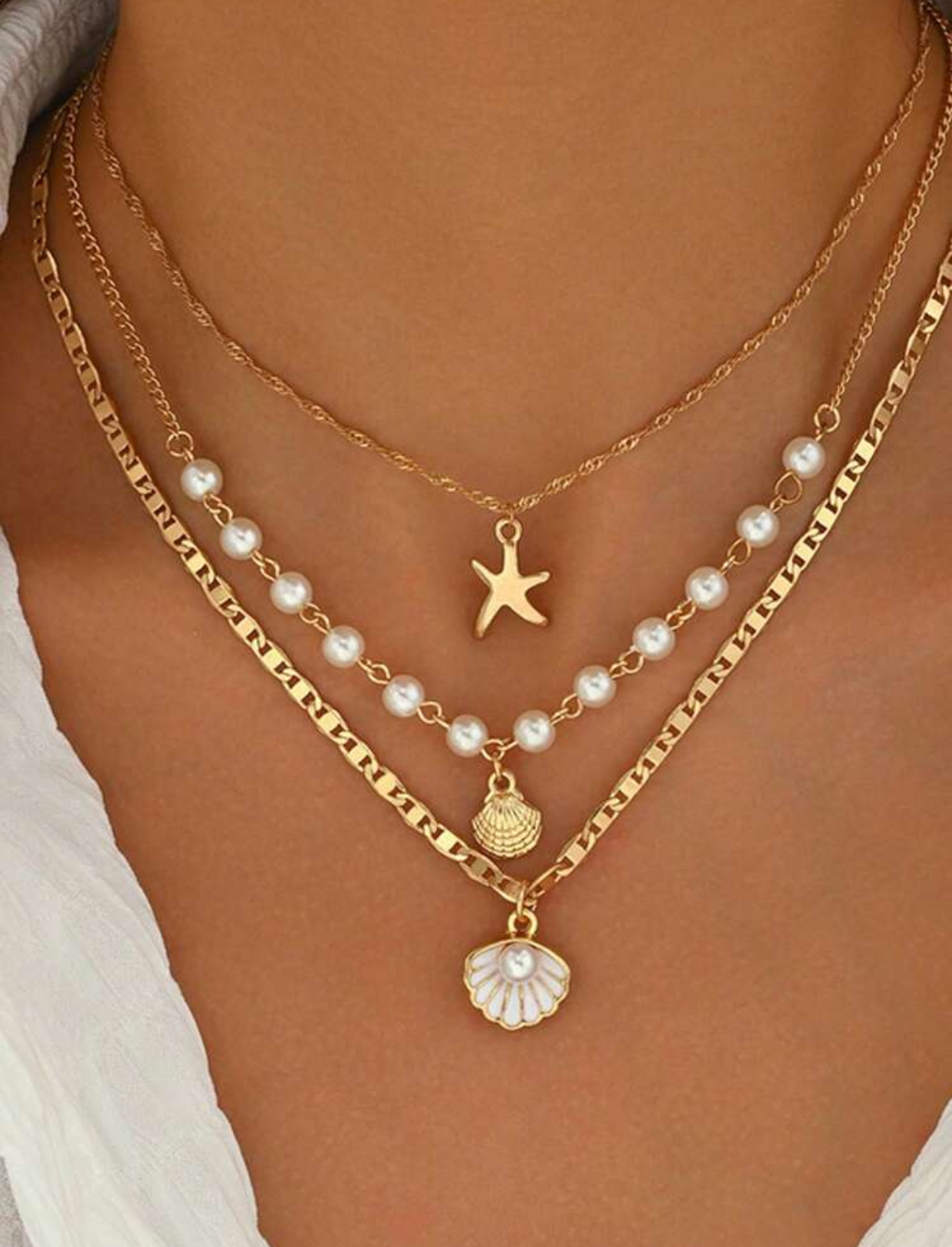 Mediterranean Ocean Cruise Multi-Tiered Triple-Layer Gold-Tone Twisted Rope, Faux Pearl Station, and Enameled Scallop Seashell Pendant Necklace 3