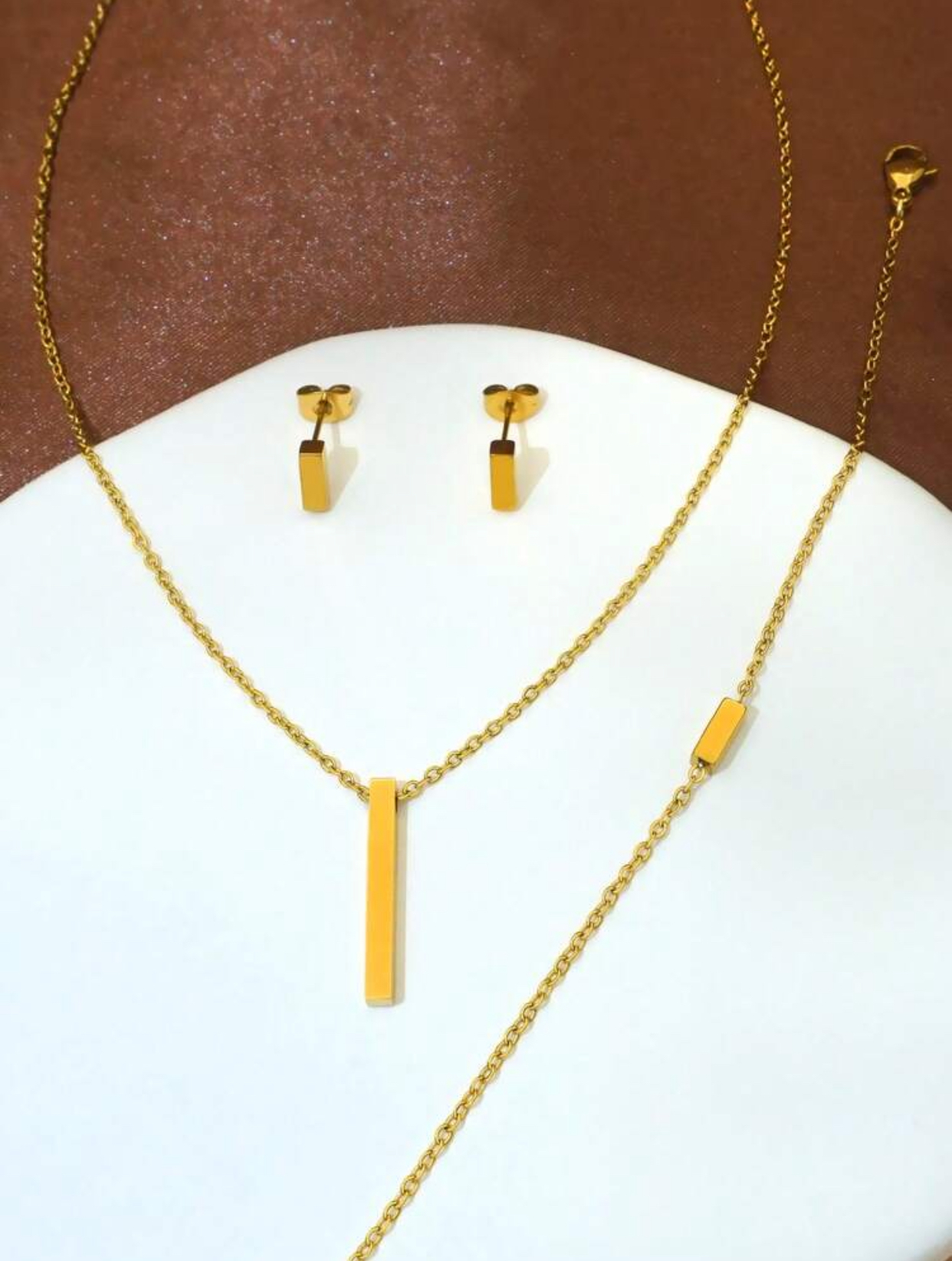 Contemporary Architectural High-Polish 14k Gold-Plated Solid Slim Vertical Rectangular Bar Pendant Necklace, Chain Bracelet, and Stud Earring Set