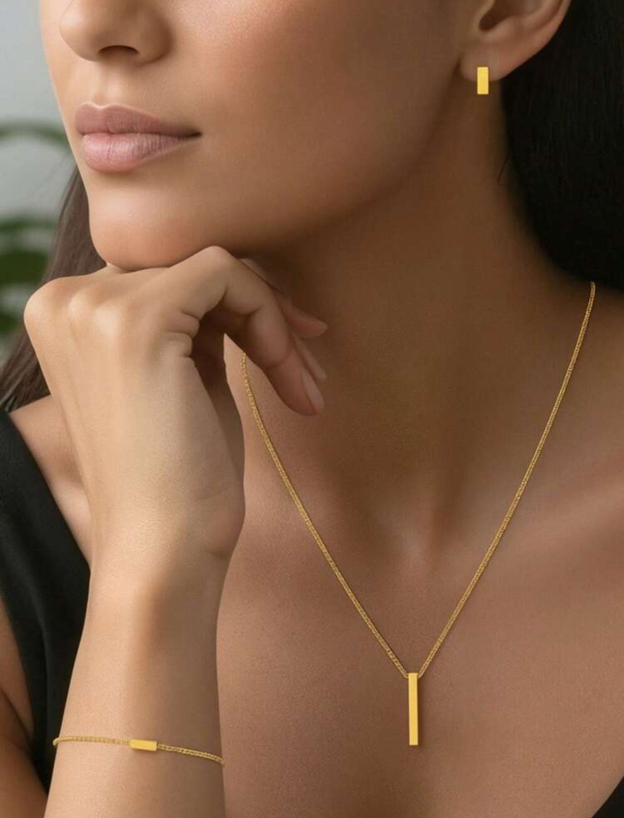 Contemporary Architectural High-Polish 14k Gold-Plated Solid Slim Vertical Rectangular Bar Pendant Necklace, Chain Bracelet, and Stud Earring Set 2