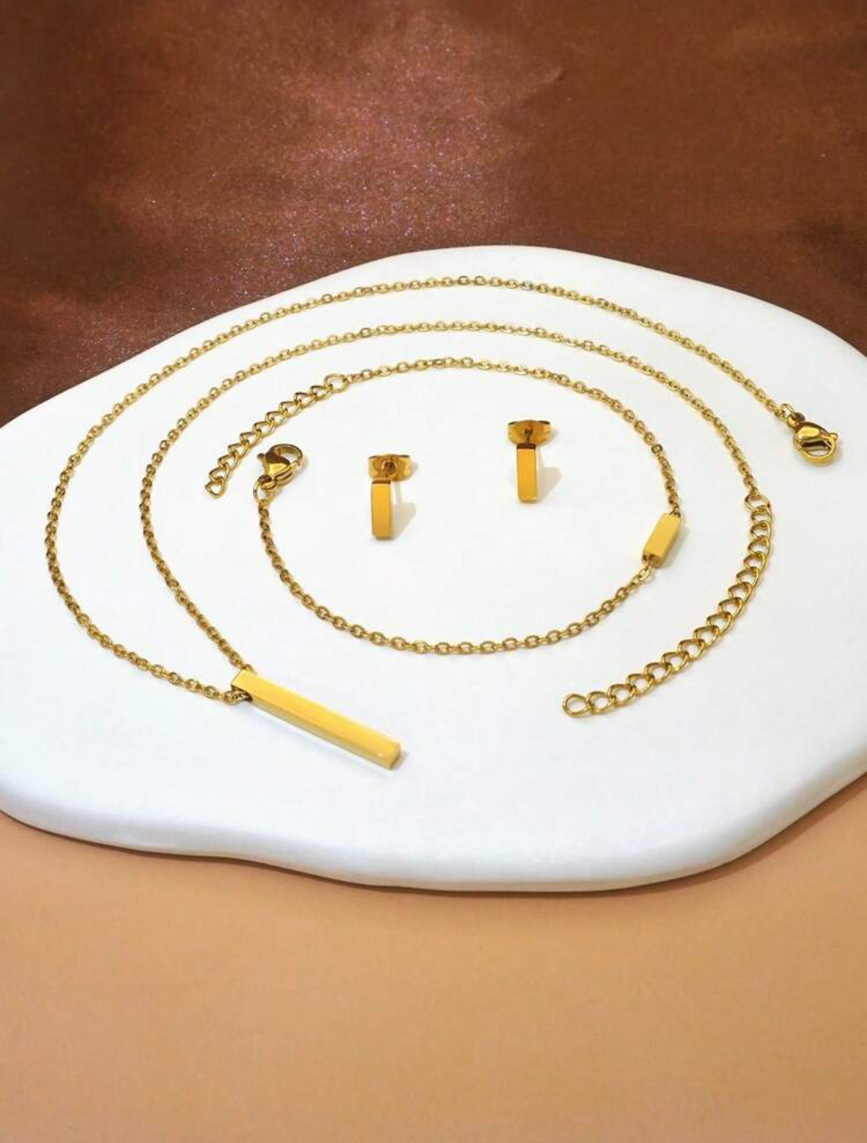 Contemporary Architectural High-Polish 14k Gold-Plated Solid Slim Vertical Rectangular Bar Pendant Necklace, Chain Bracelet, and Stud Earring Set 3