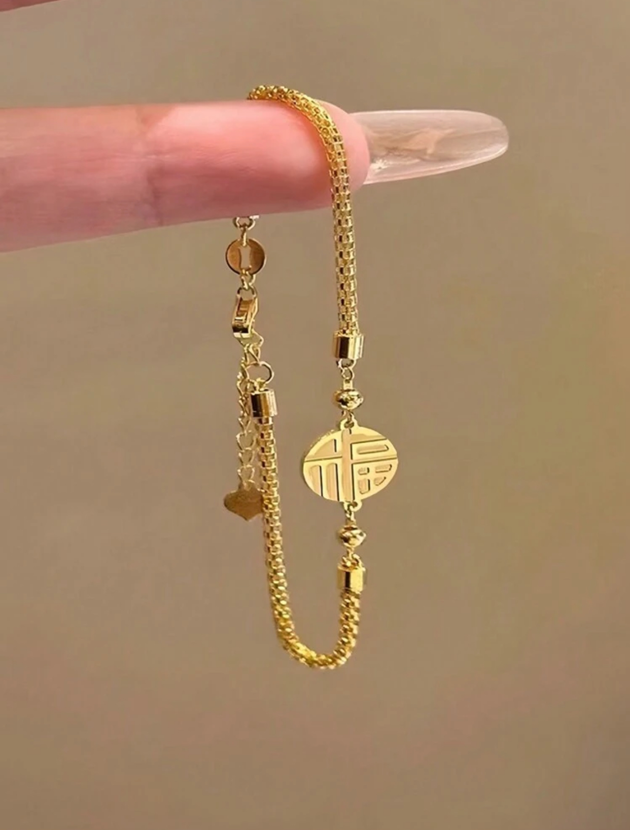 Traditional Meets Modern 14k Gold-Plated Stainless Steel Fine Mesh Chain Bracelet Featuring a Centered Open-Work Geometric Circular "Fu" Good Fortune Character Charm Pendant 2