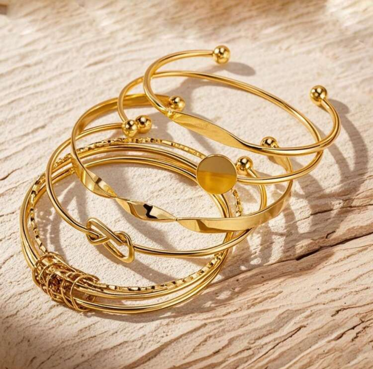 Vintage Streetwear-Inspired 5-Piece Mix-and-Match 18k Gold-Plated Open Cuff and Bangle Bracelet Stack with Twist, Knot, Smooth Plate, and Multi-Wire textures
