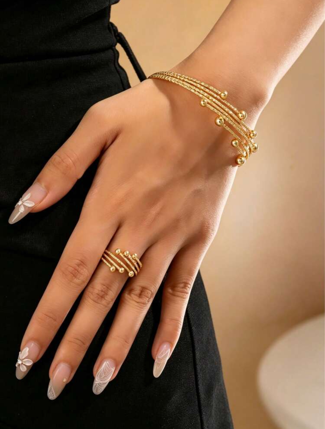 Minimalist Festive 14k Gold-Plated Multi-Layer Five-Strand Stardust Textured Wire Spring Wrap Bangle Bracelet and Matching Coordinated Multi-Layer Ring Set with Mini Ball Accents