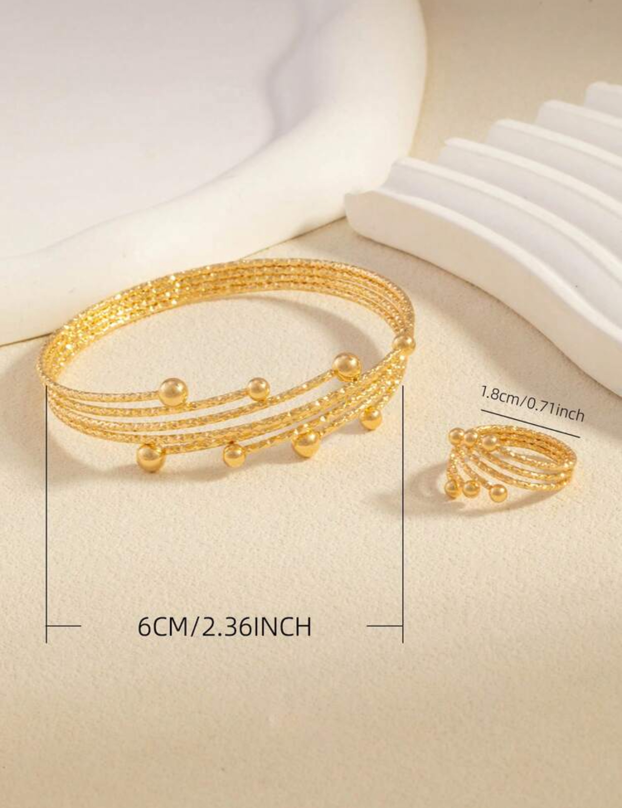 Minimalist Festive 14k Gold-Plated Multi-Layer Five-Strand Stardust Textured Wire Spring Wrap Bangle Bracelet and Matching Coordinated Multi-Layer Ring Set with Mini Ball Accents 2